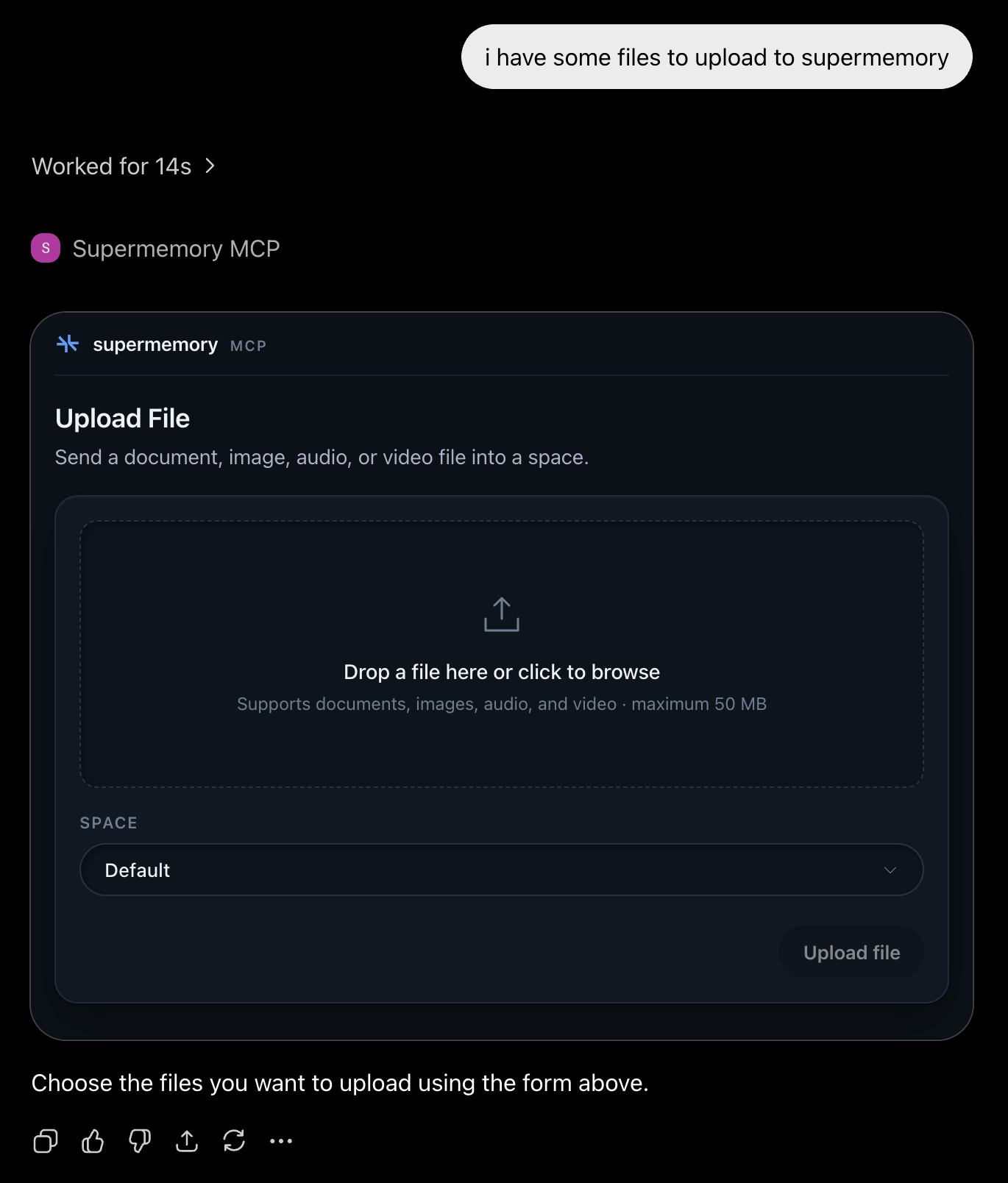 Supermemory MCP file picker with a writable-space selector