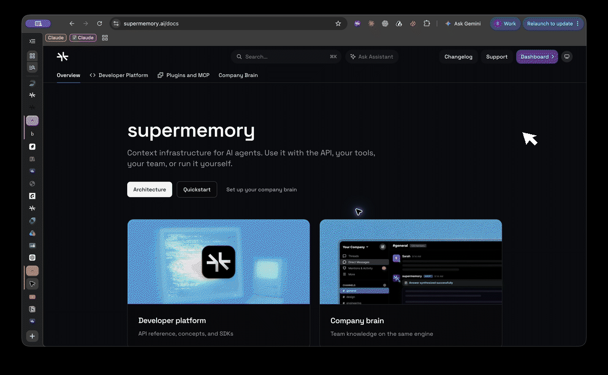 Opening the Supermemory Chrome extension and selecting Add to supermemory to save the current page