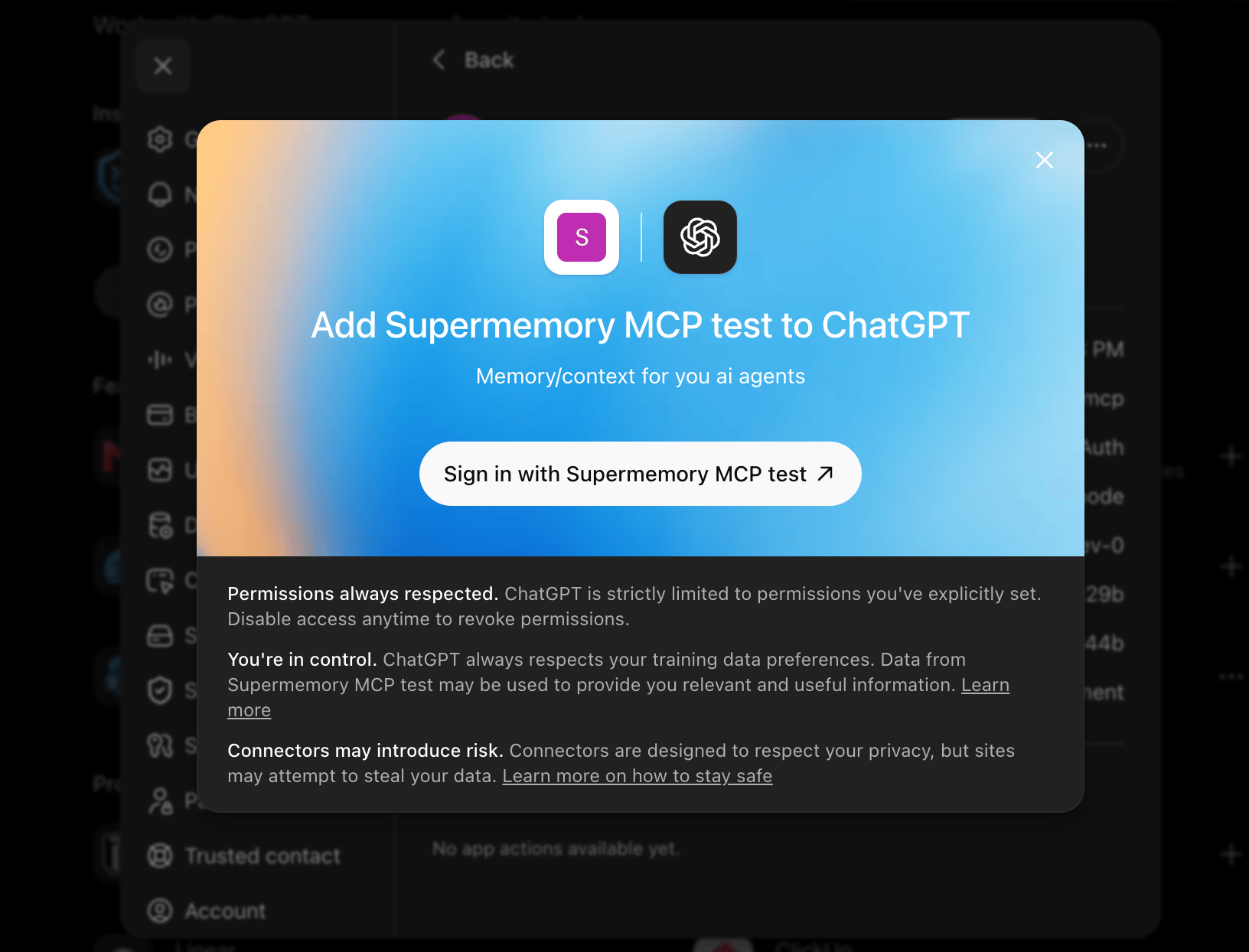 ChatGPT authorization dialog for Supermemory MCP in dark mode