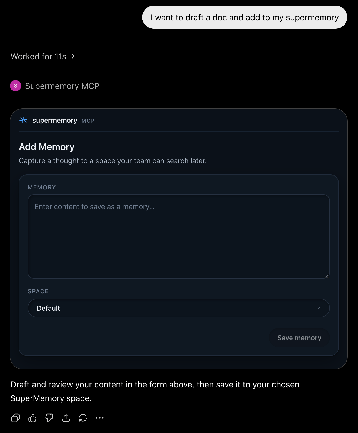 Supermemory MCP guided save draft with editable memory content and a space selector