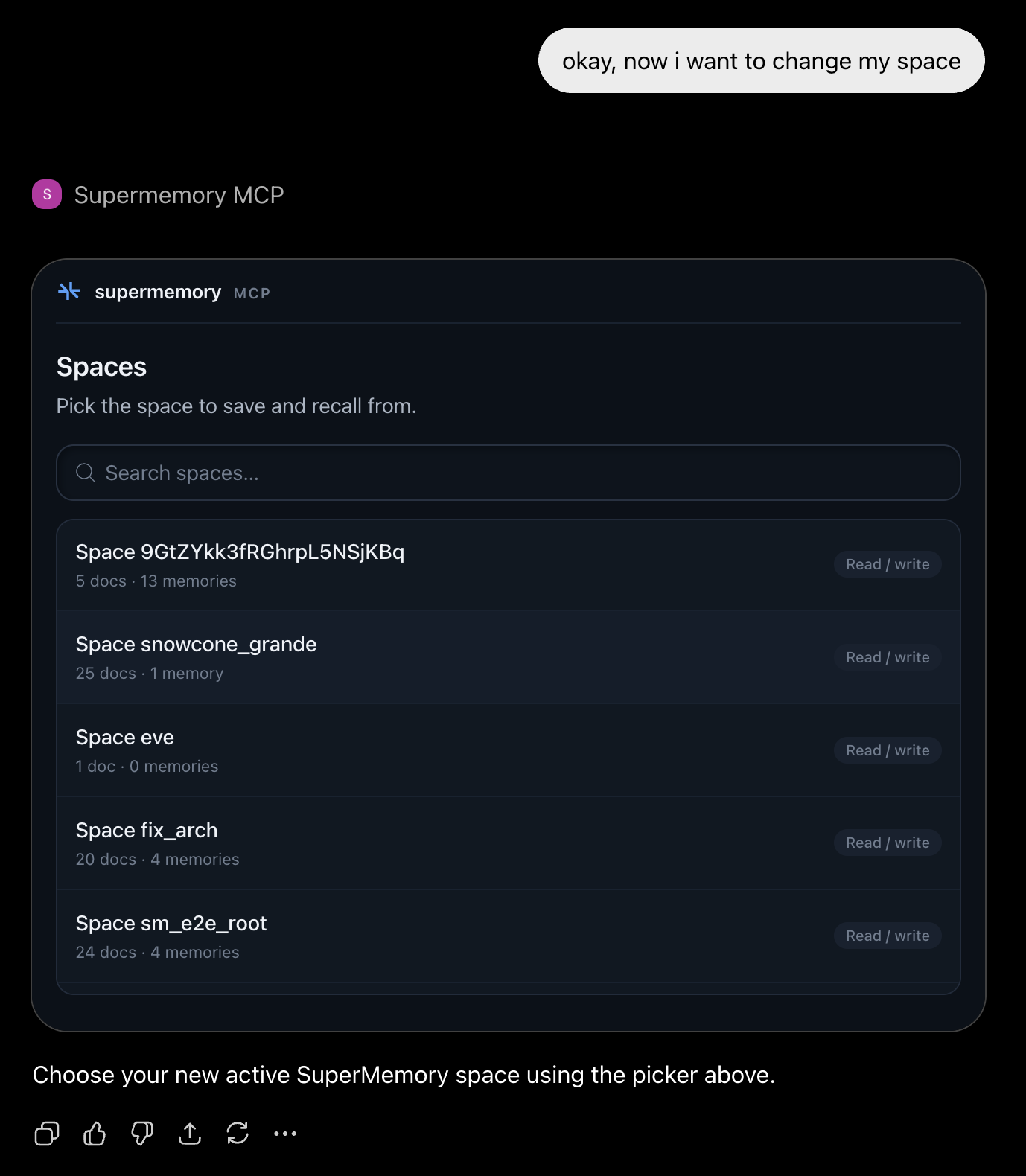 Supermemory MCP searchable space picker