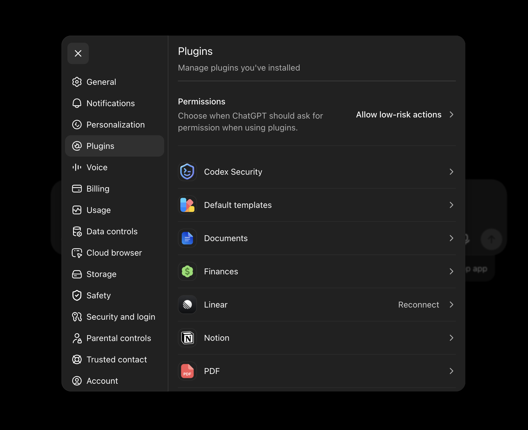 ChatGPT Web Plugins settings in dark mode