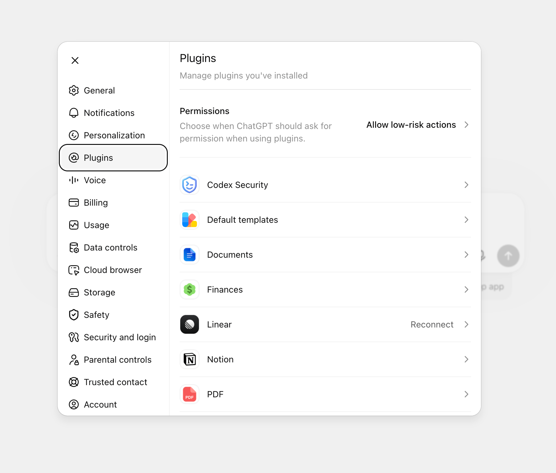 ChatGPT Web Plugins settings in light mode