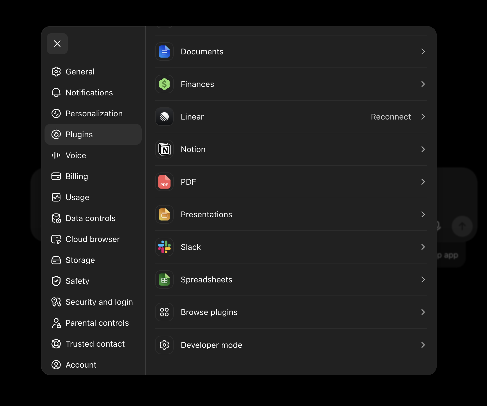 Developer mode and Browse plugins at the bottom of ChatGPT Web Plugins settings in dark mode