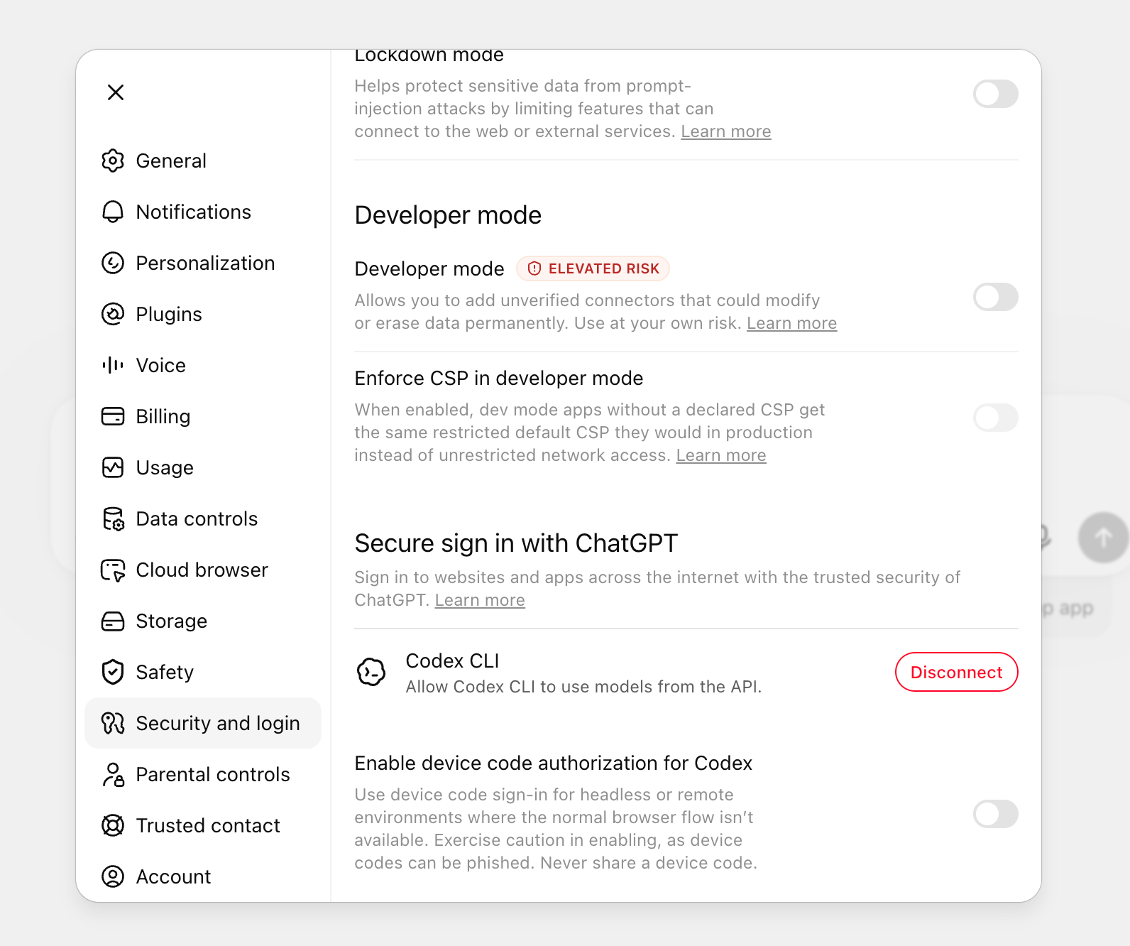 Developer mode section under Security and login in ChatGPT Web light mode