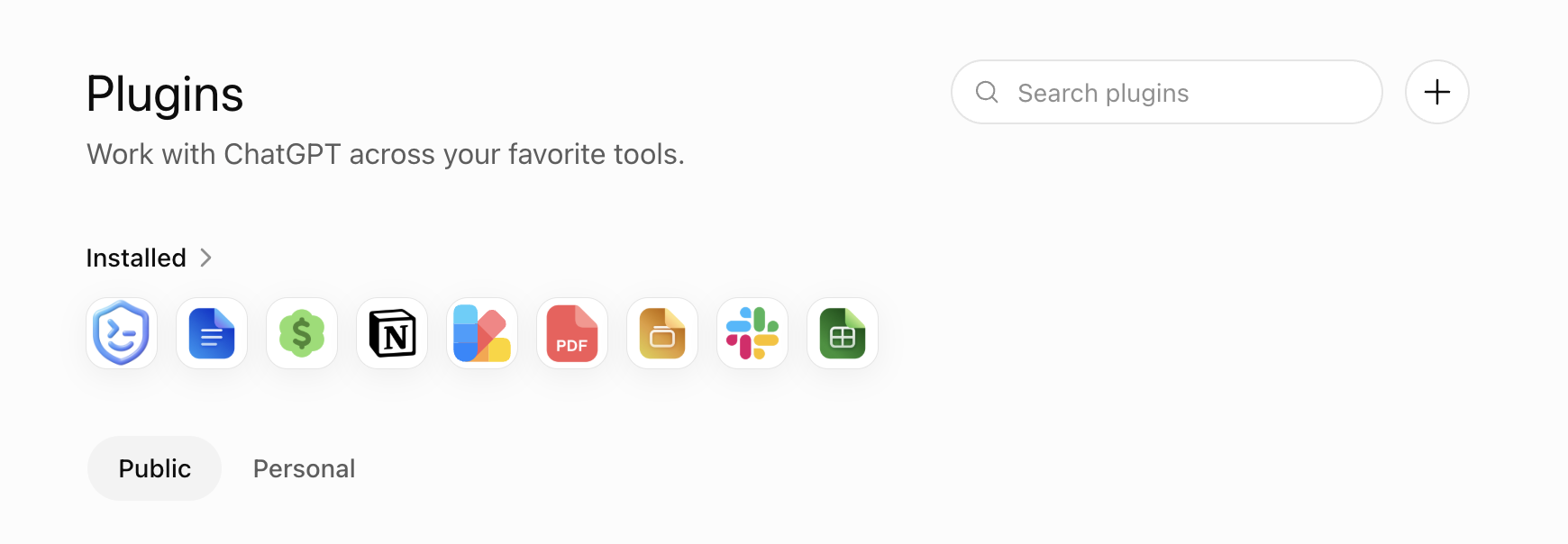 ChatGPT Web Plugins page in light mode with the plus icon