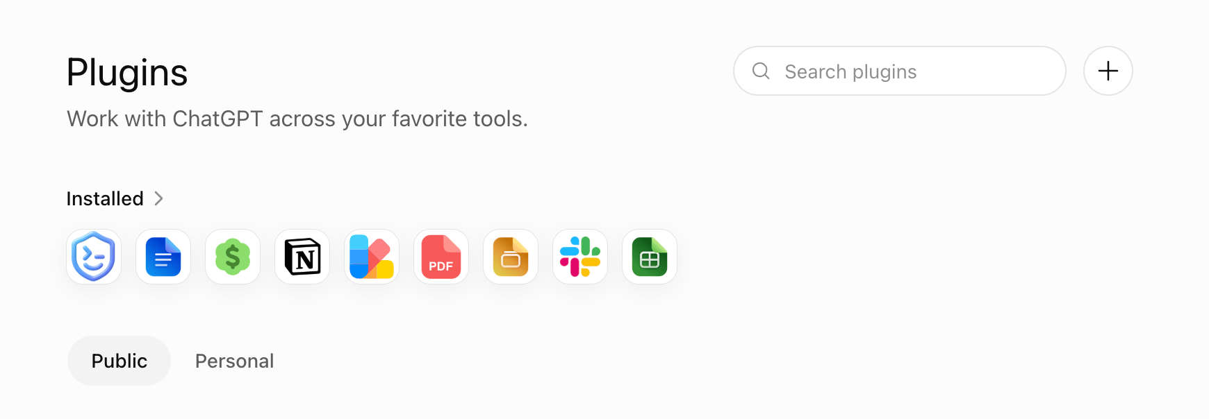 ChatGPT Web Plugins page in light mode with the plus icon