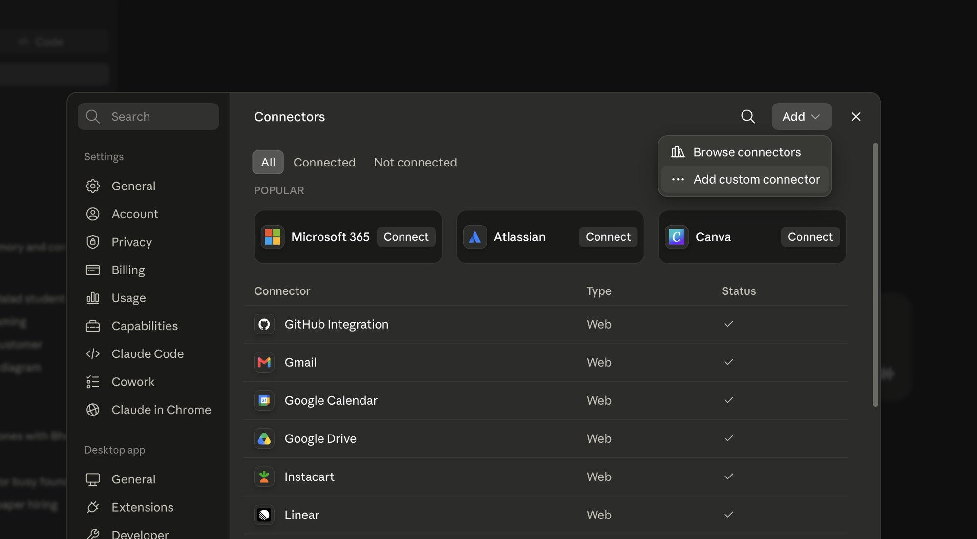 Claude settings Connectors page with Add custom connector highlighted