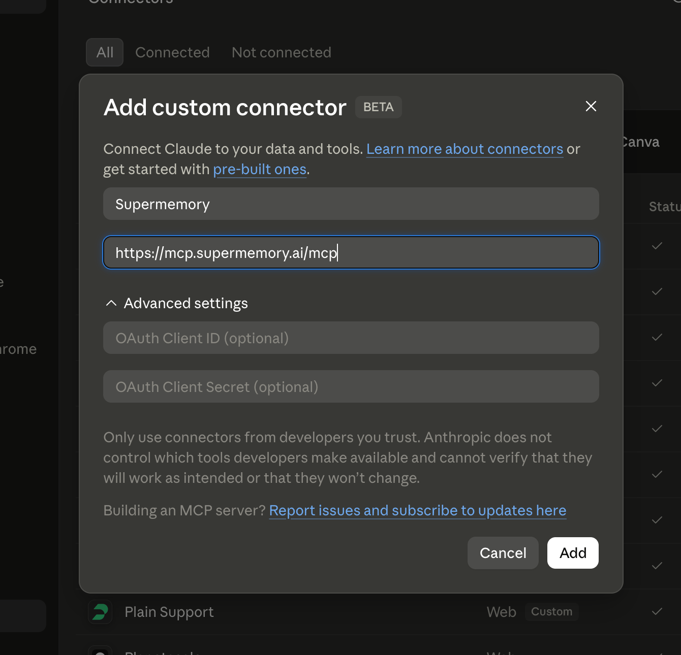 Add custom connector dialog with Supermemory name and mcp.supermemory.ai URL