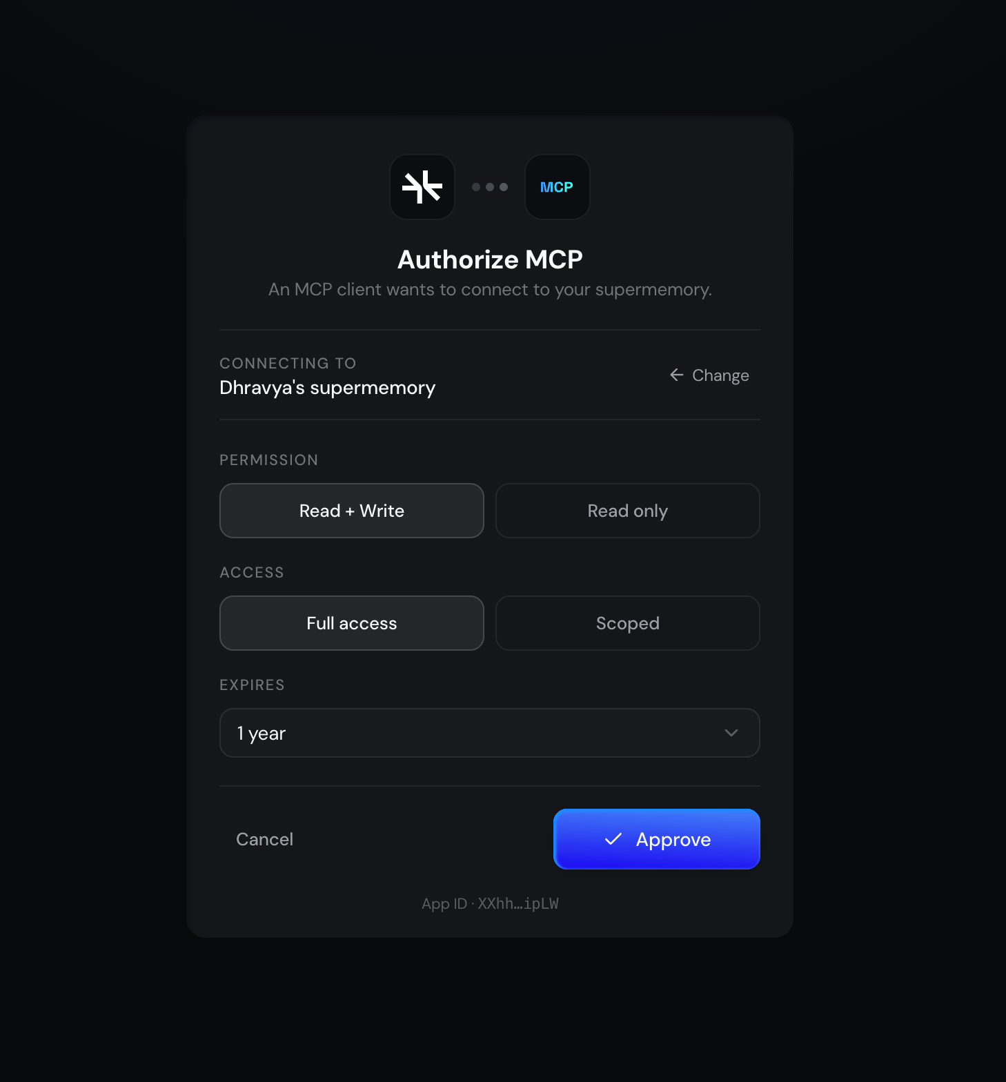 Authorize MCP screen with scope options and Authorize button