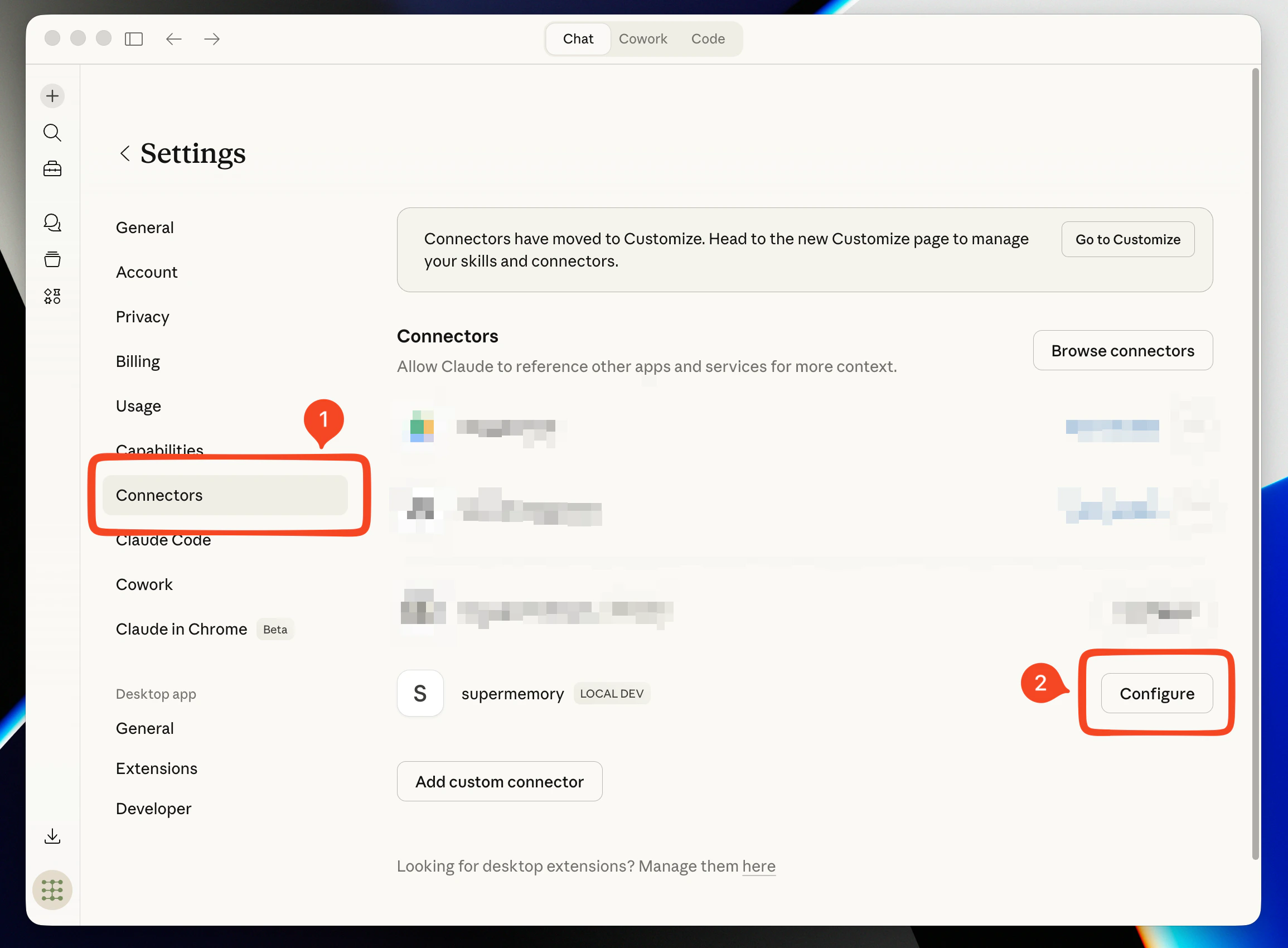 Claude Desktop Connectors settings with supermemory and Configure highlighted