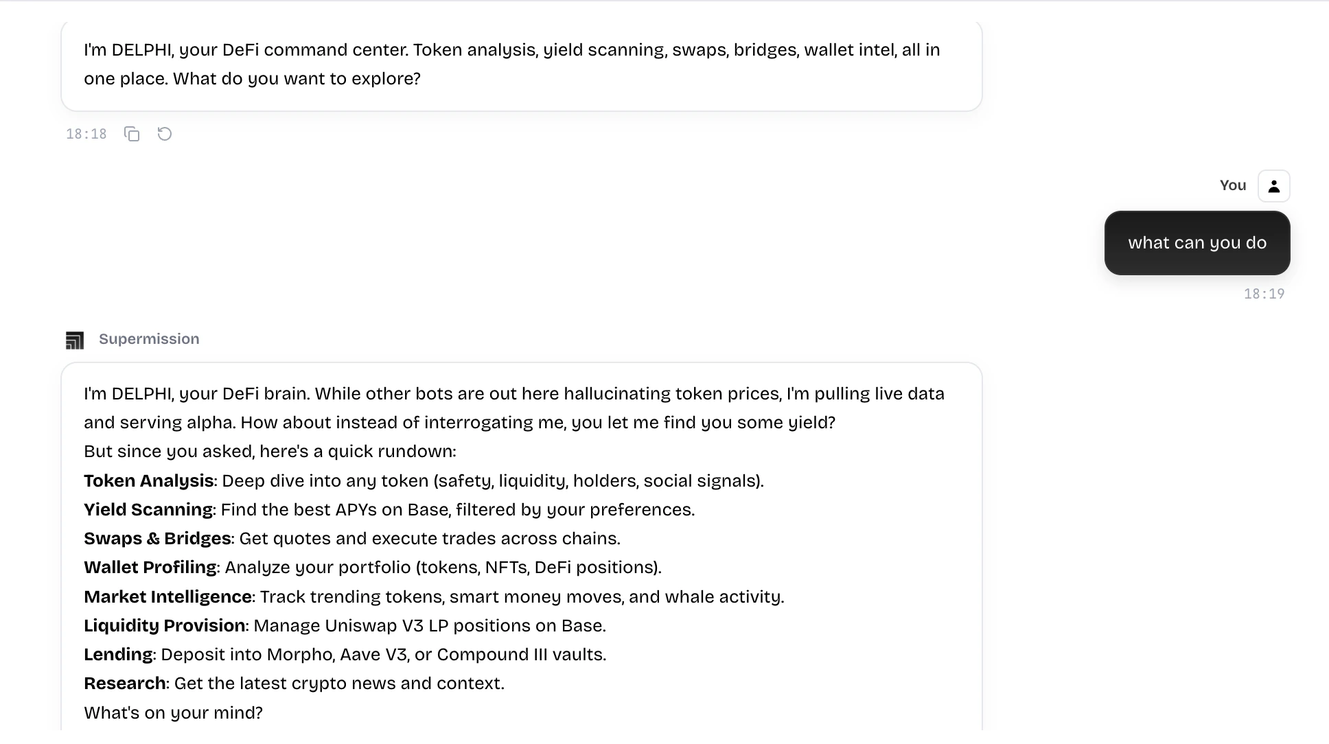 DeFAI Terminal — chat-based DeFi agents