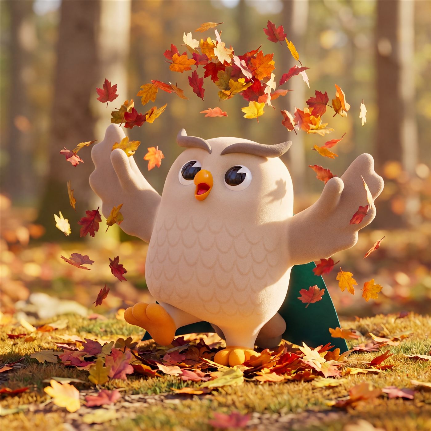 Hugo, the SuperOffice mascot, standing among autumn leaves