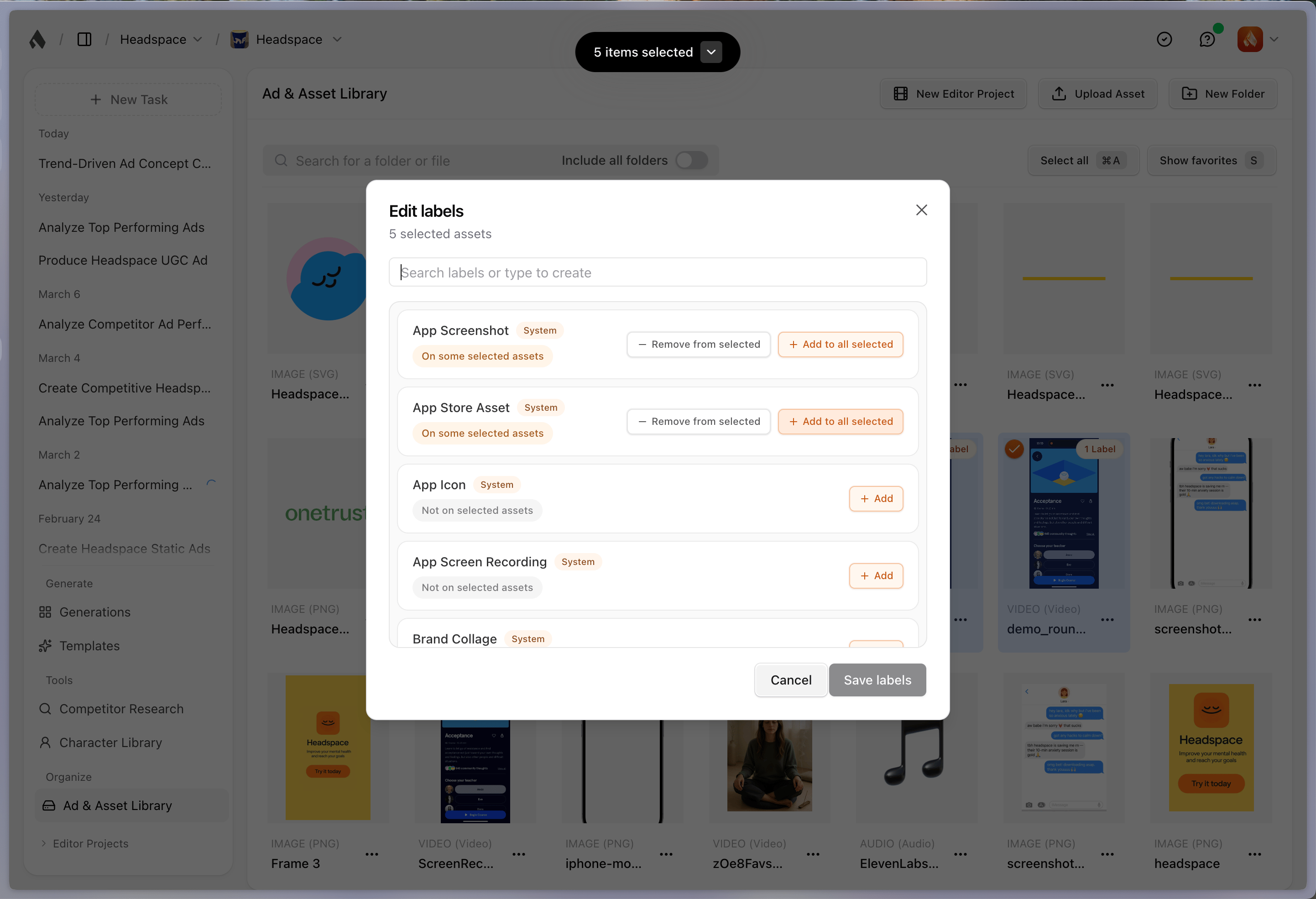 Bulk-editing labels in the asset library