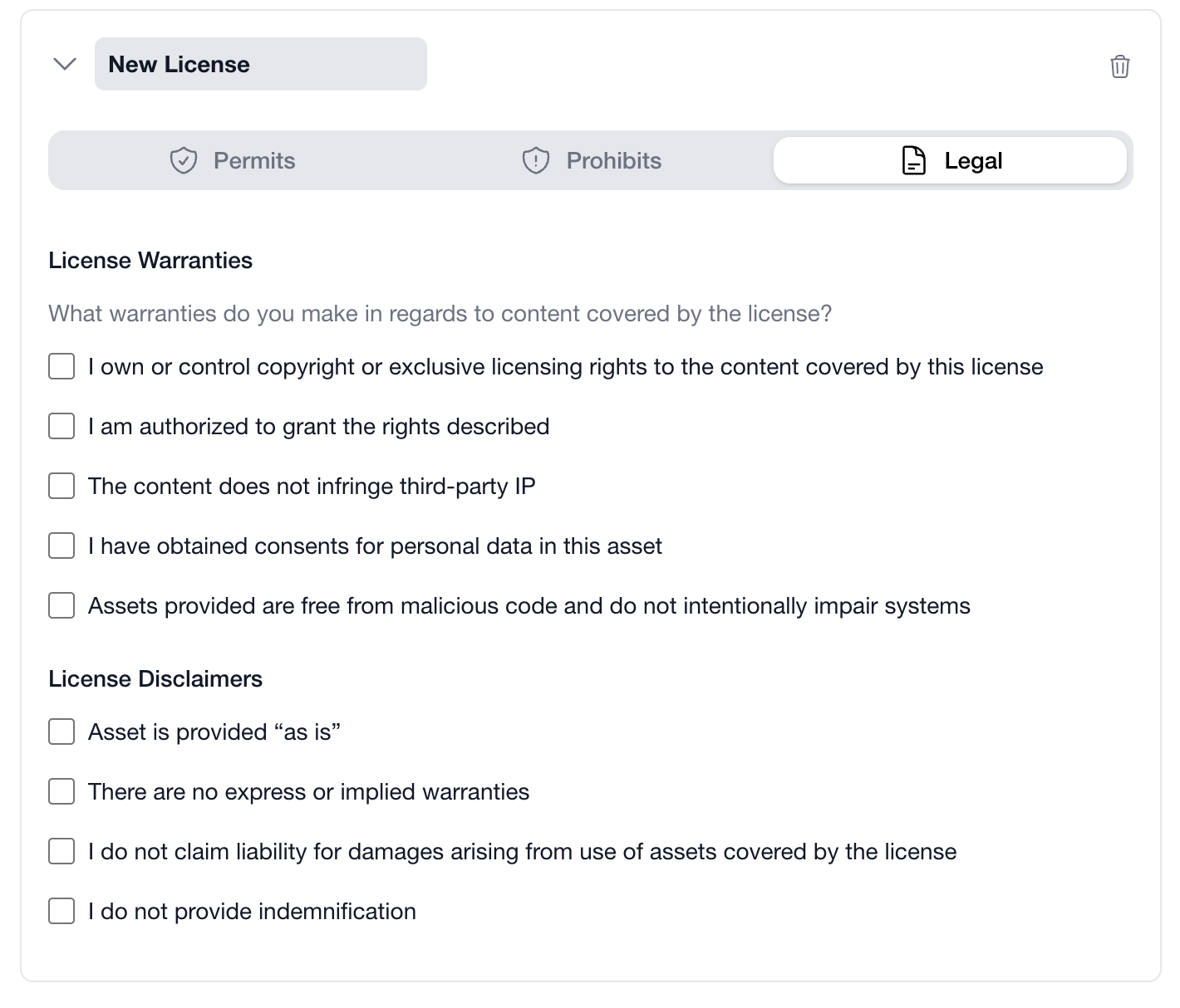 Legal tab for warranties and disclaimers