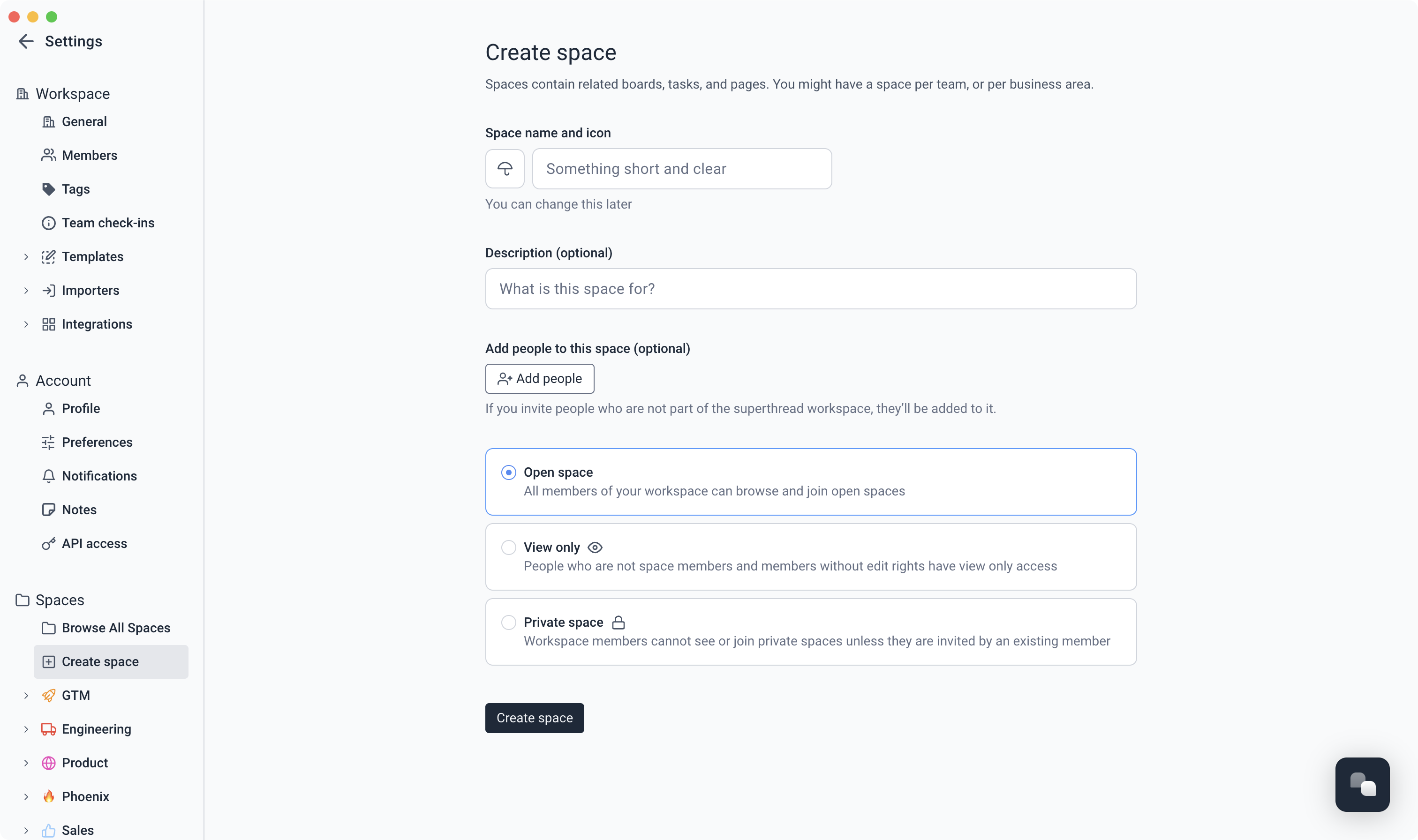Screenshot of View Only space setting A screenshot of where to find view-only space setting to select it.
