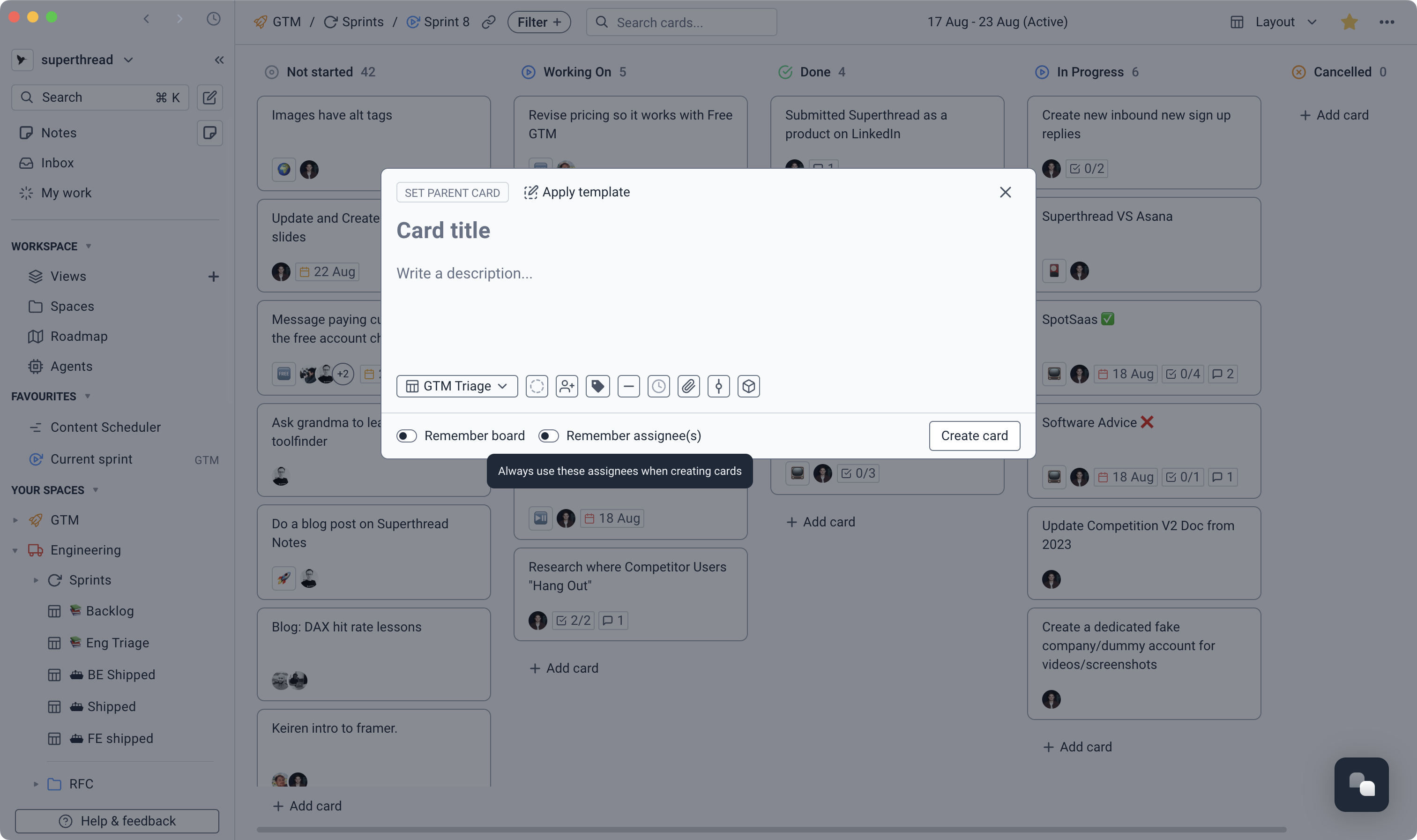 Screenshot of new card interface including remember assignee(s).