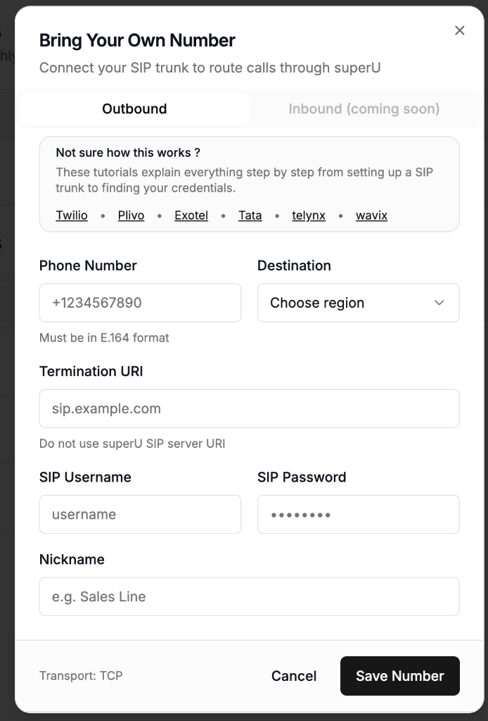 SIP Bring Your Own Number