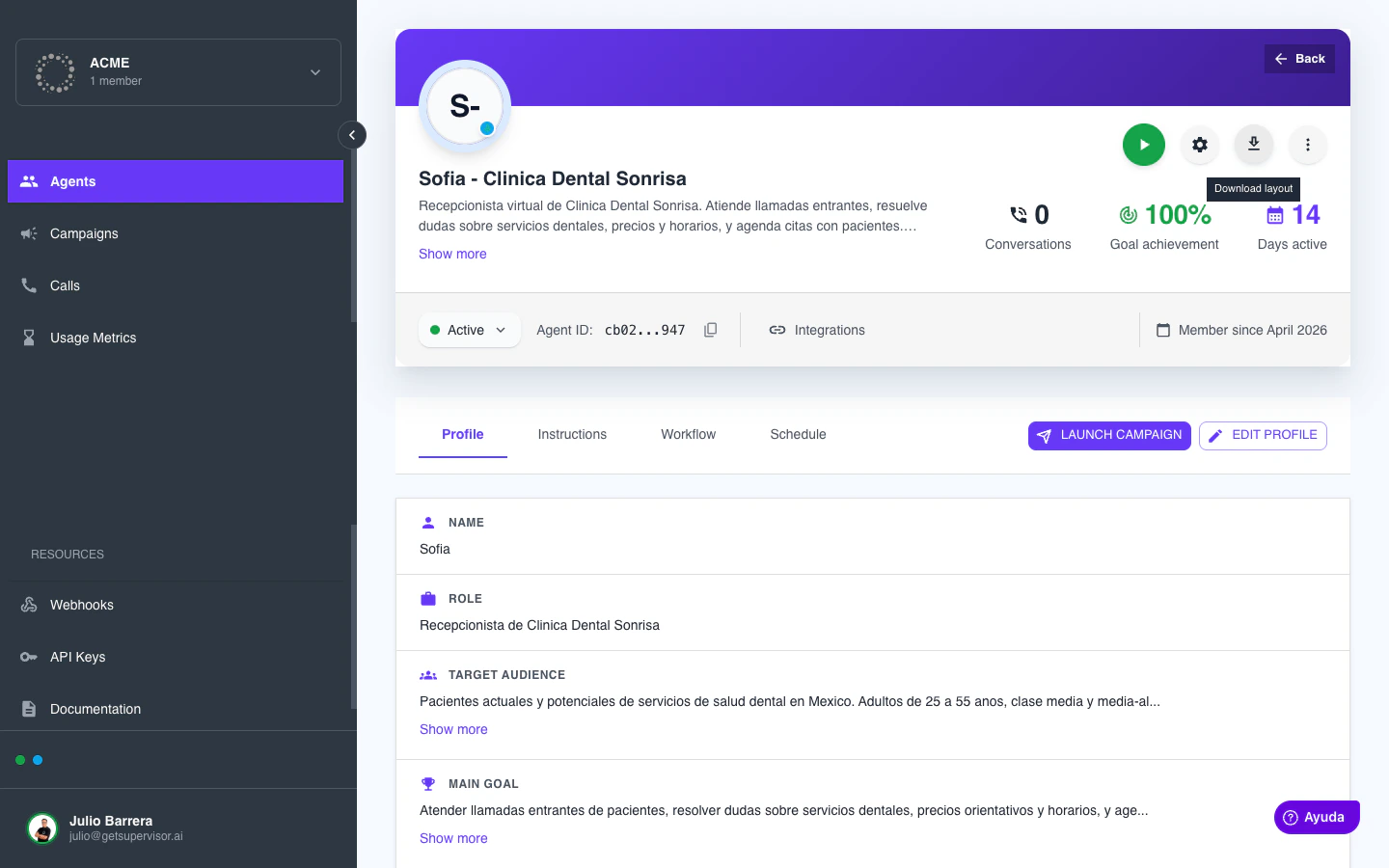 Header del agente con el tooltip Download layout sobre el ícono de descarga