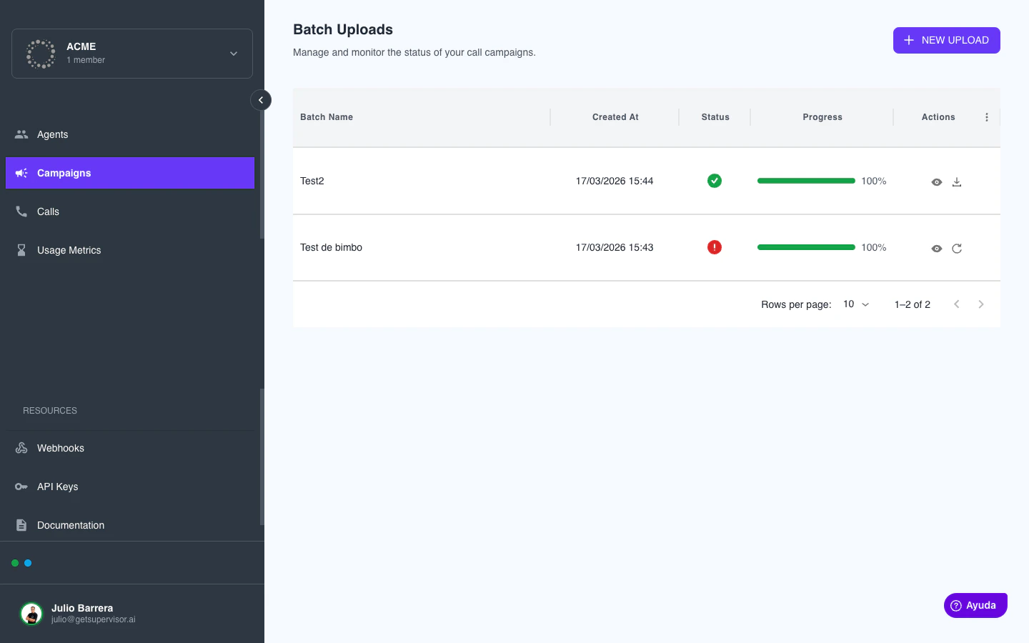 Lista de campañas en Agents Studio con botón New Upload
