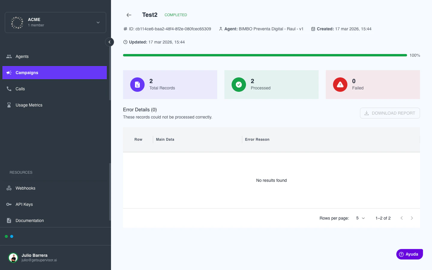 Vista de detalle de un batch mostrando 2 total records, 2 processed y 0 failed