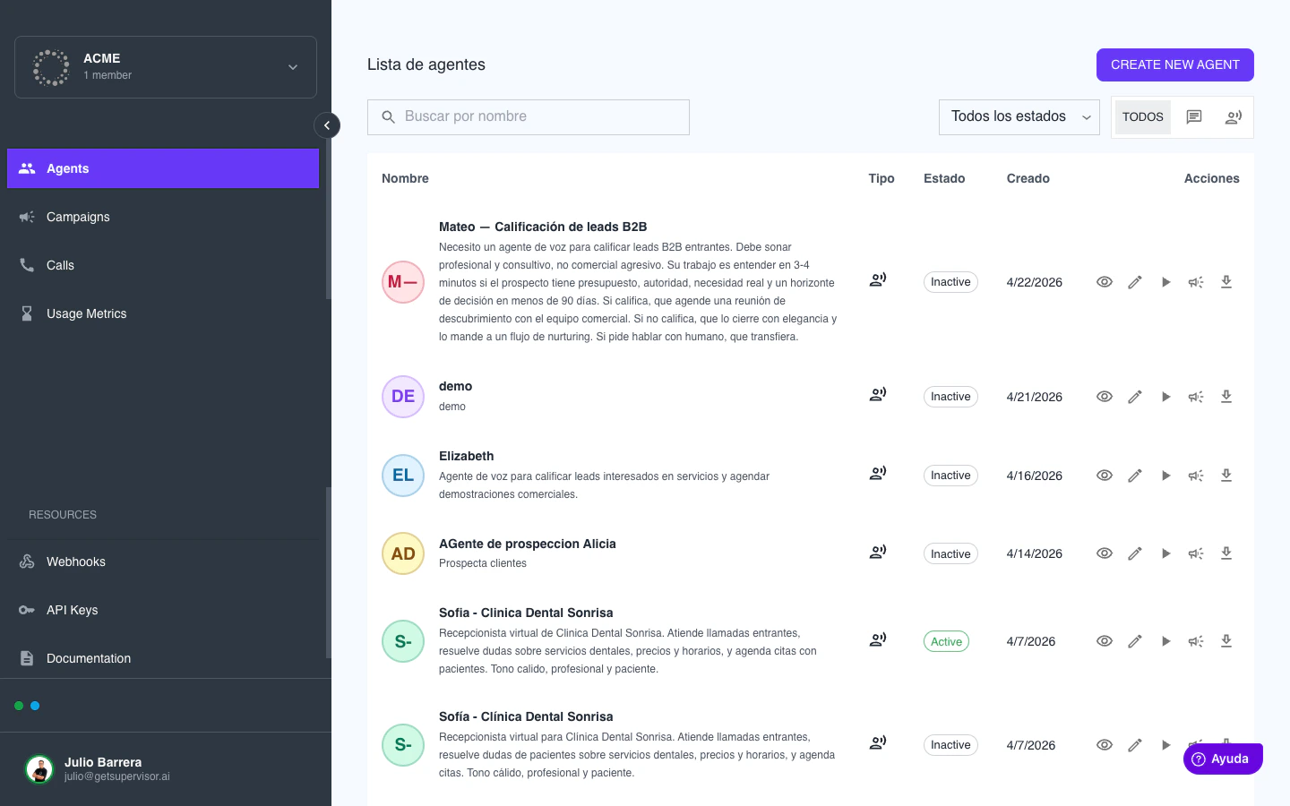 Lista de agentes en Agents Studio con el botón Create New Agent visible