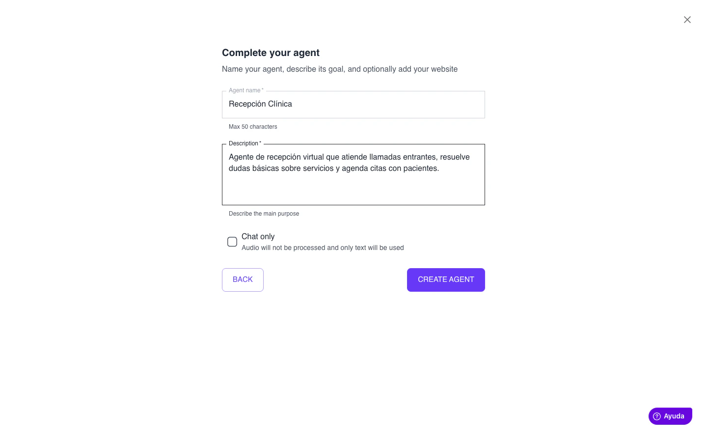 Diálogo 'Complete your agent' con los campos nombre, descripción y Chat only