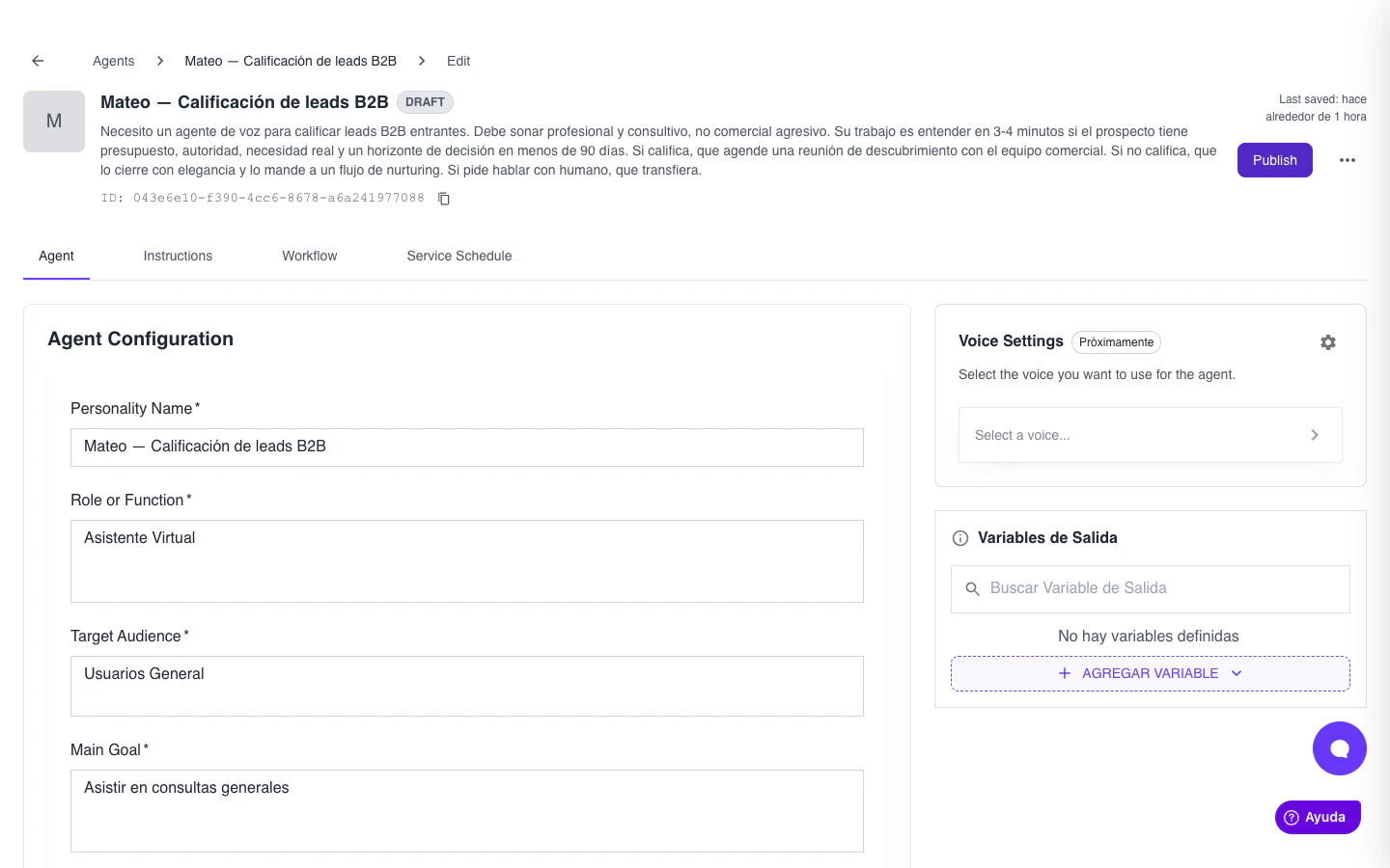 Editor del agente en estado DRAFT con el botón Publish visible