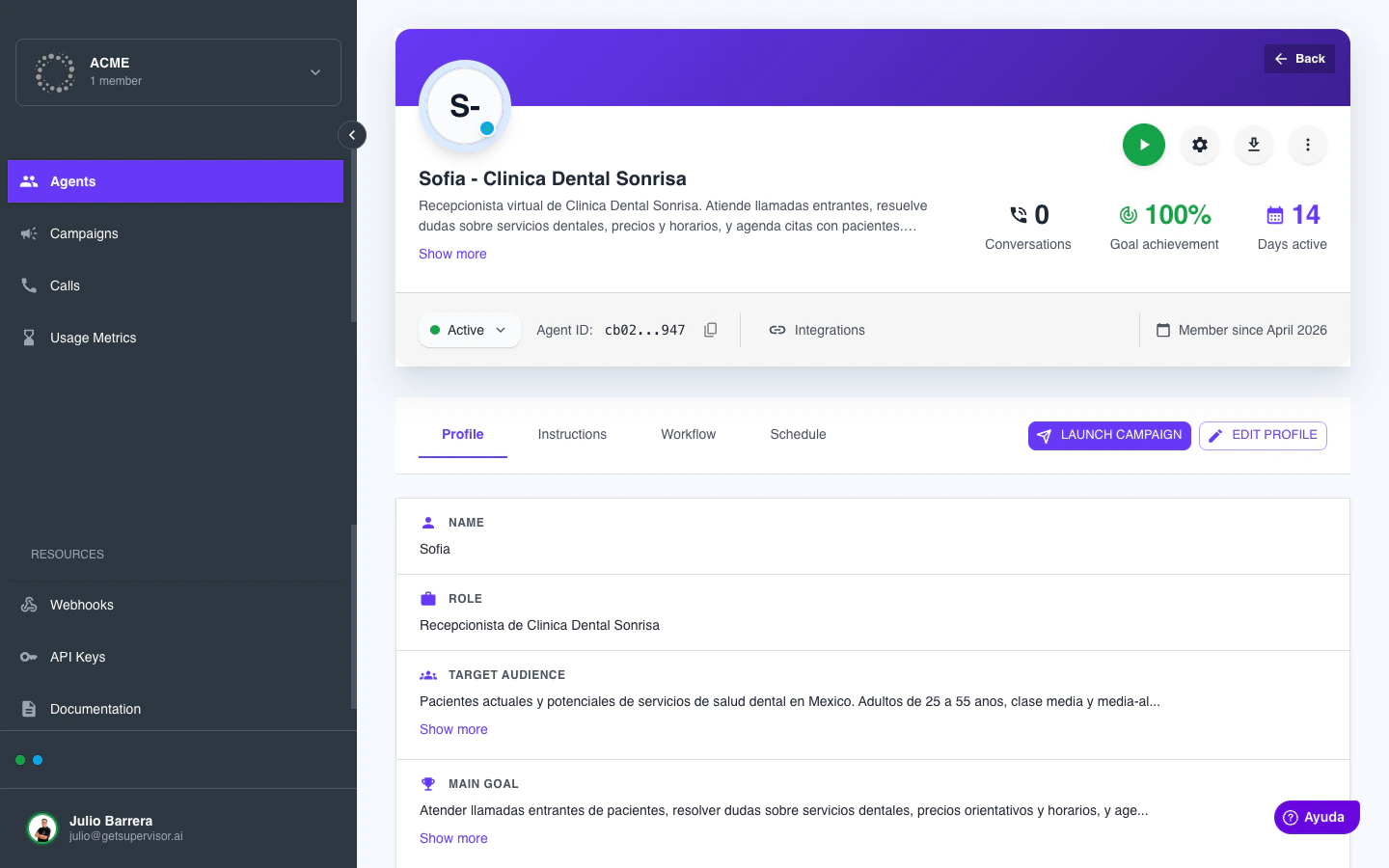 Header del agente con el botón redondo de play verde destacado