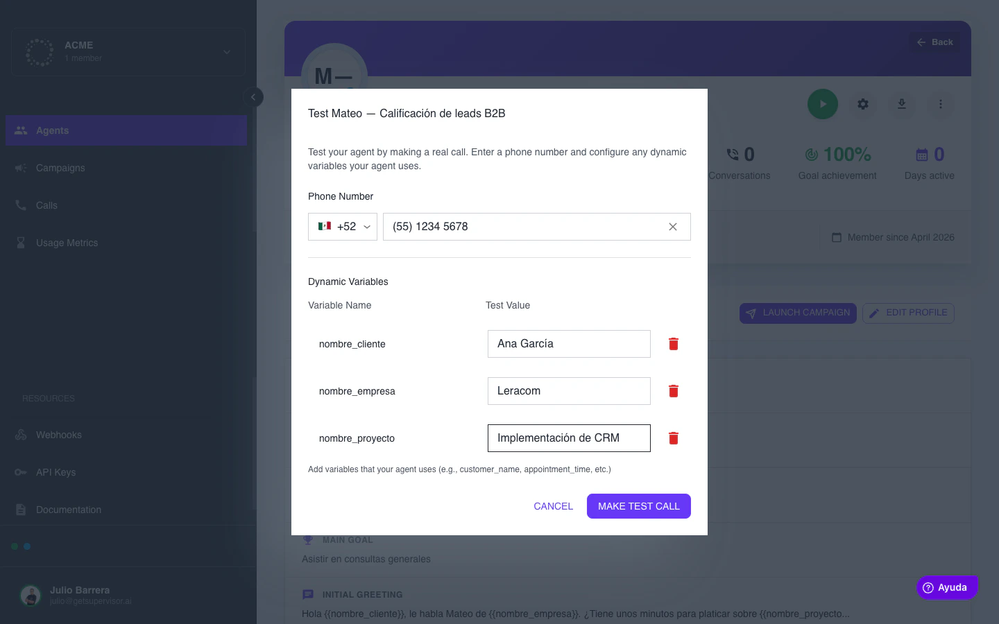Modal de llamada de prueba con número de teléfono y variables dinámicas rellenadas