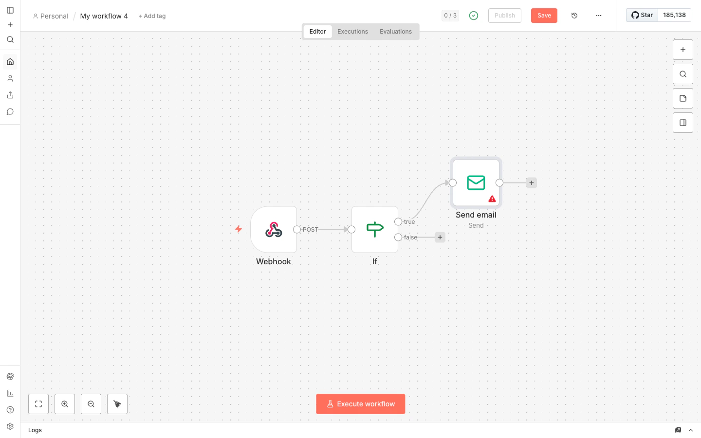 Workflow de n8n con tres nodos conectados: Webhook, IF y Send email