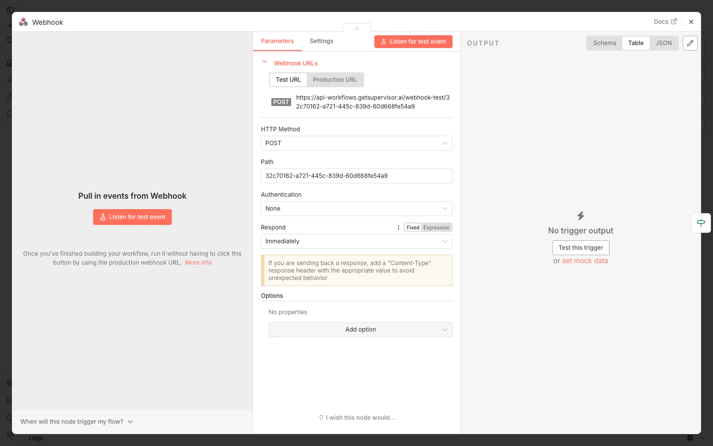 Configuración del nodo Webhook en n8n con Test URL, HTTP Method POST, Path, Authentication None y Respond Immediately
