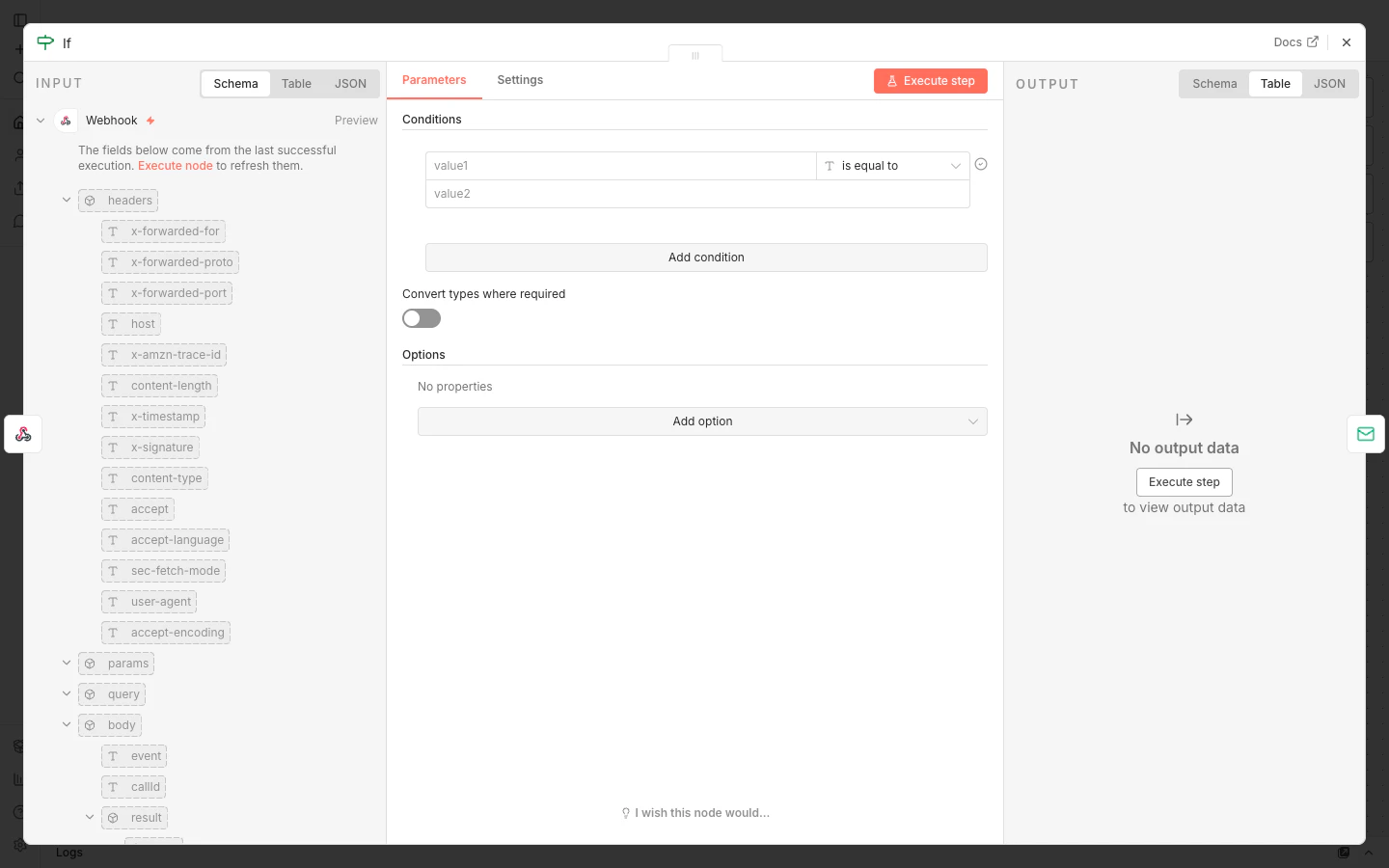 Configuración del nodo IF en n8n con schema del webhook a la izquierda y condiciones value1/value2 a la derecha