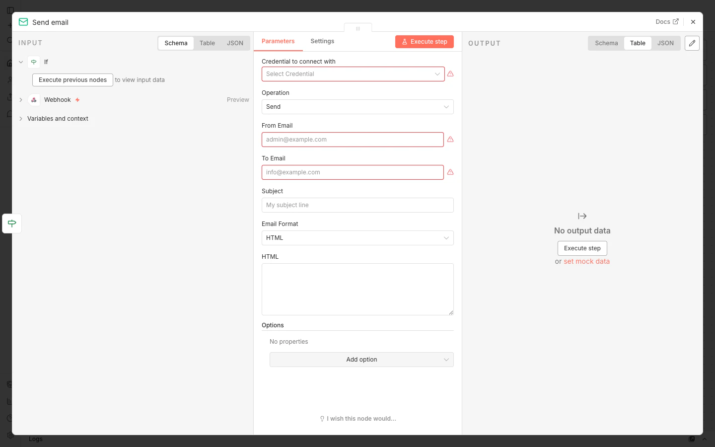 Configuración del nodo Send email en n8n con campos Credential, From/To, Subject, Email Format HTML y body