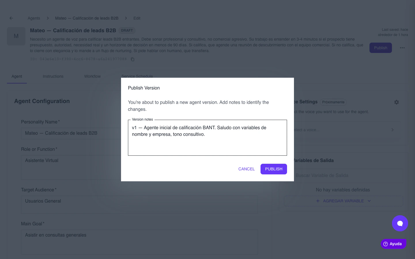 Diálogo Publish Version con el campo de notas y el botón Publish