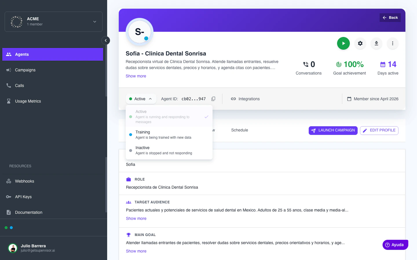 Selector de estados del agente desplegado mostrando Active, Training e Inactive