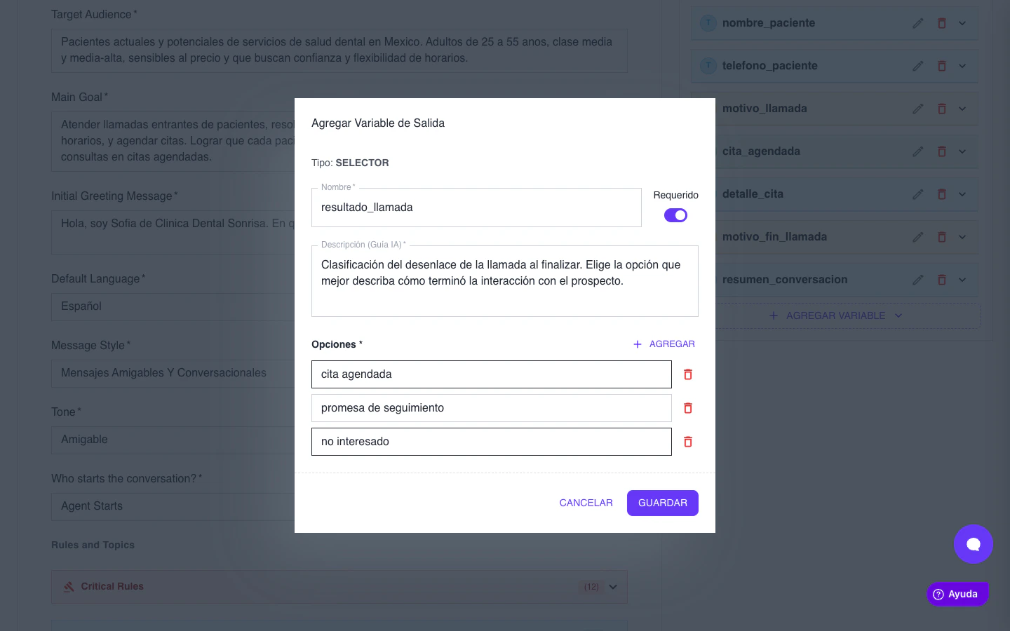 Formulario Agregar Variable de Salida tipo Selector con nombre, descripción y opciones