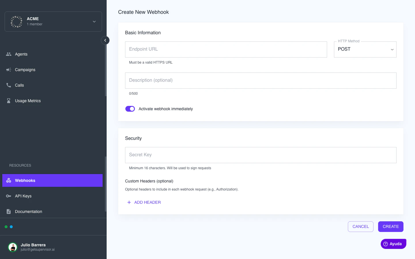 Formulario Create New Webhook con los campos Endpoint URL, HTTP Method, Description, toggle de activación y Secret Key