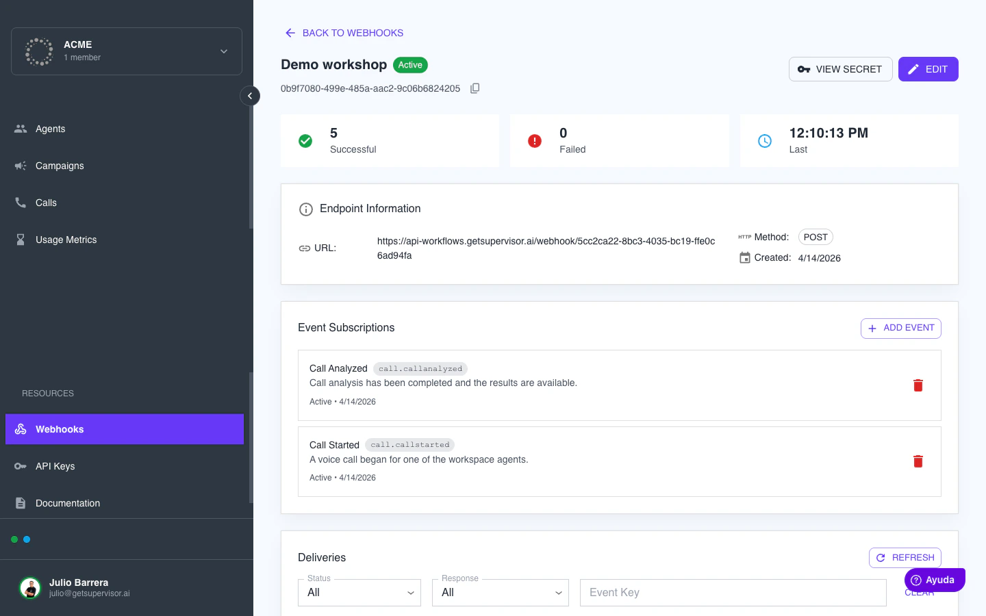 Detalle del webhook Demo workshop con contadores, endpoint information y subscripciones a Call Analyzed y Call Started