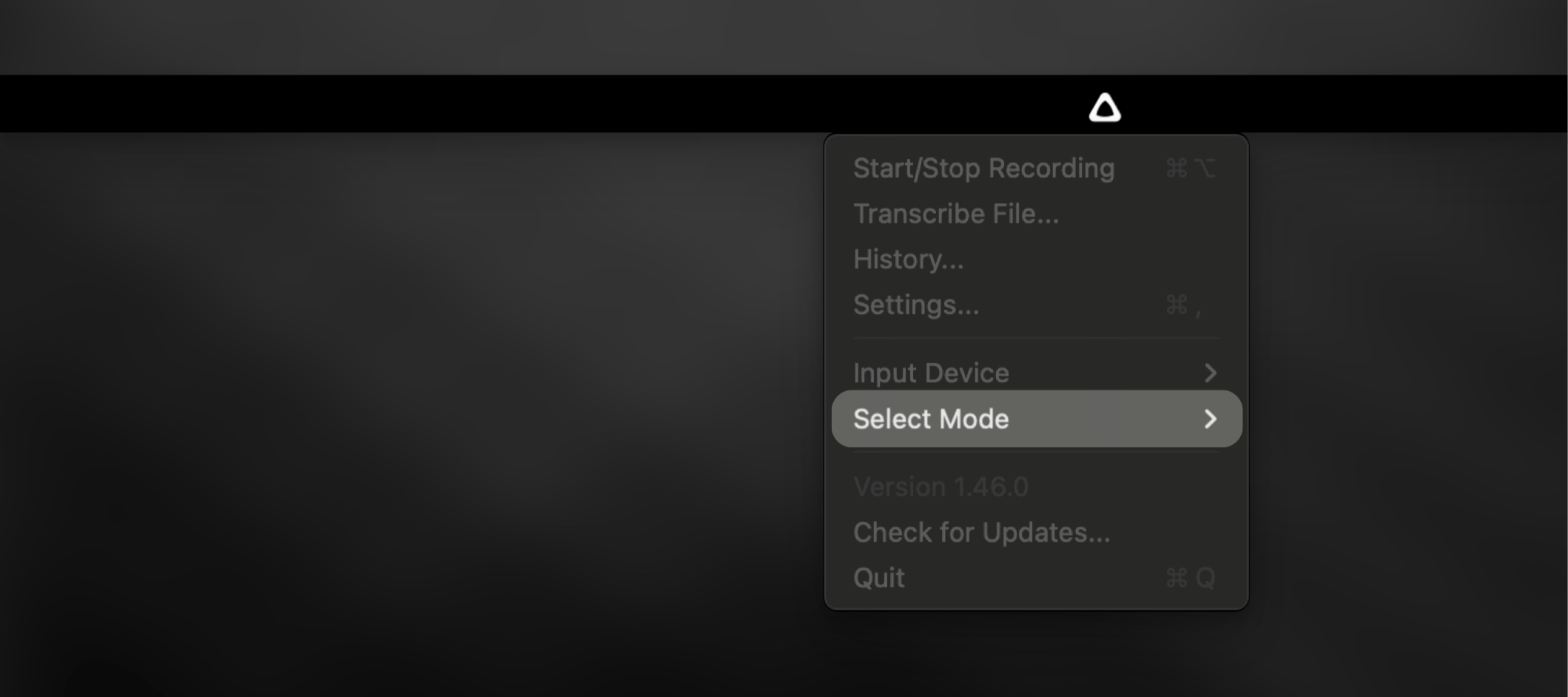 Menu bar dropdown showing mode selection options