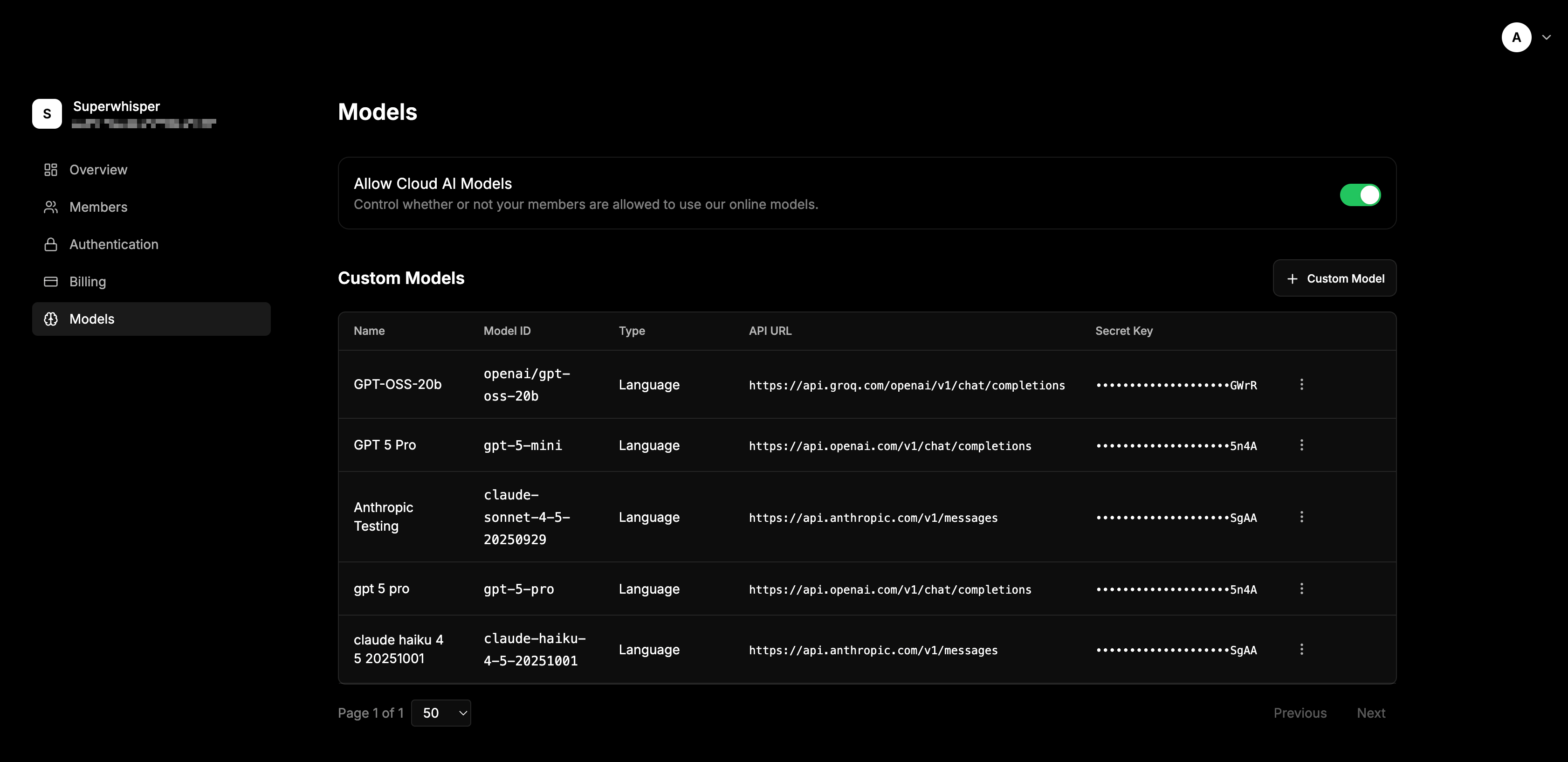 Model Management Interface