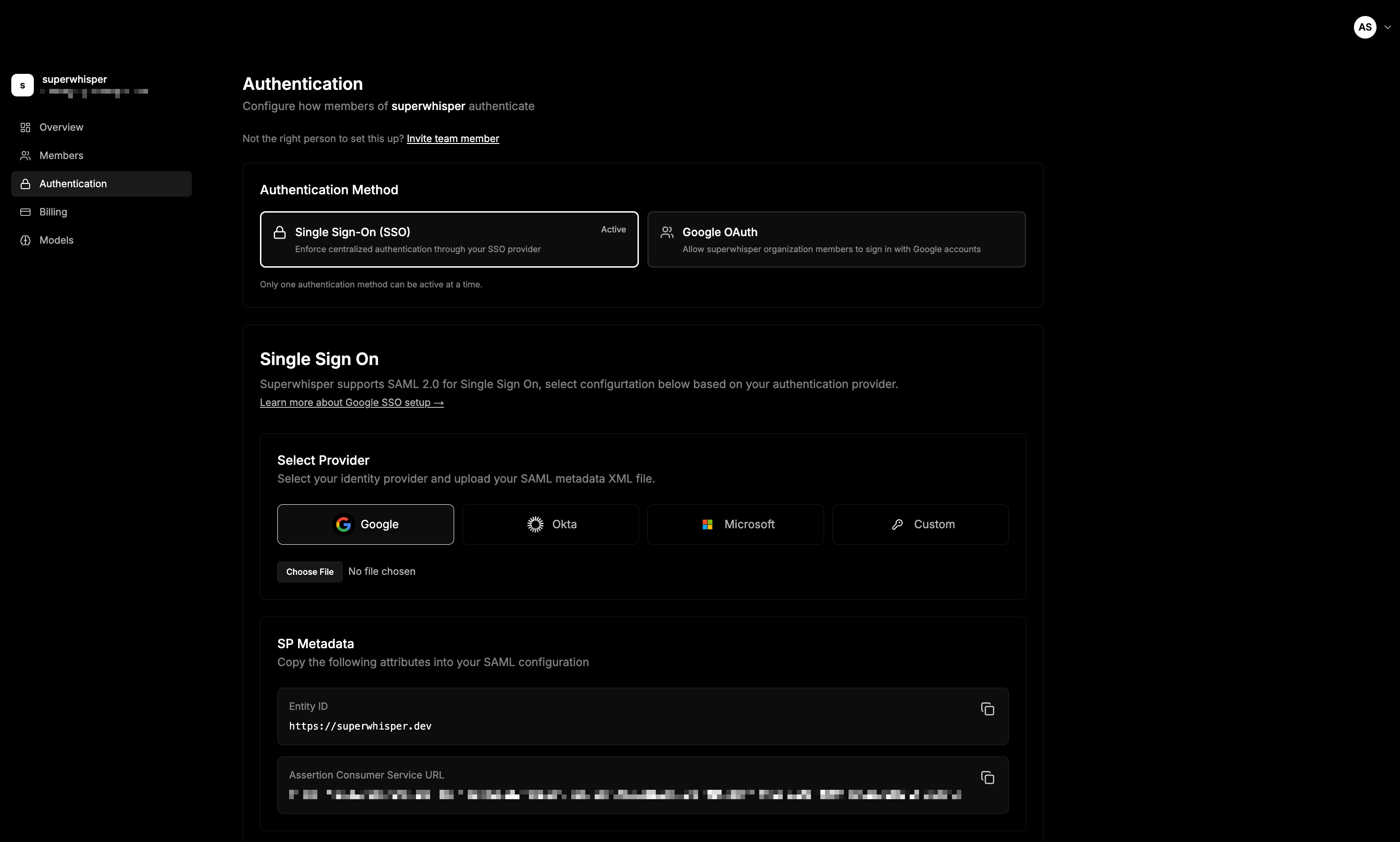 SAML Configuration Interface