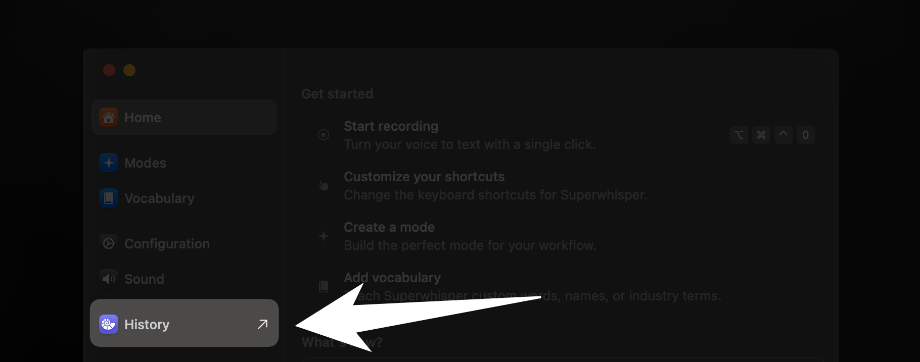 Accessing Superwhisper History from Settings