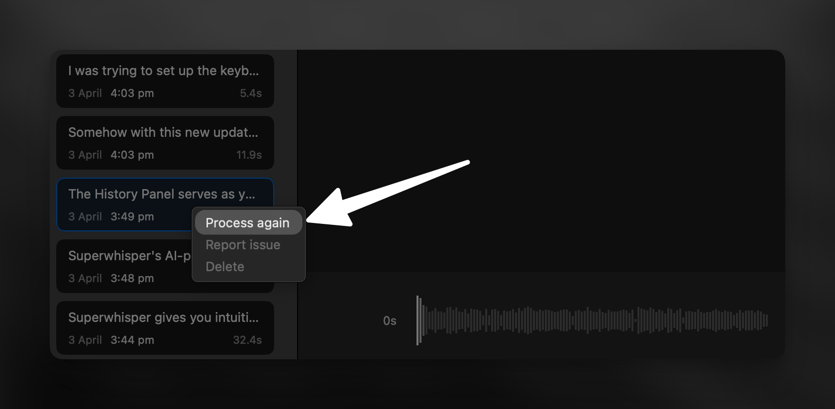 Reprocess Dictation in Superwhisper History