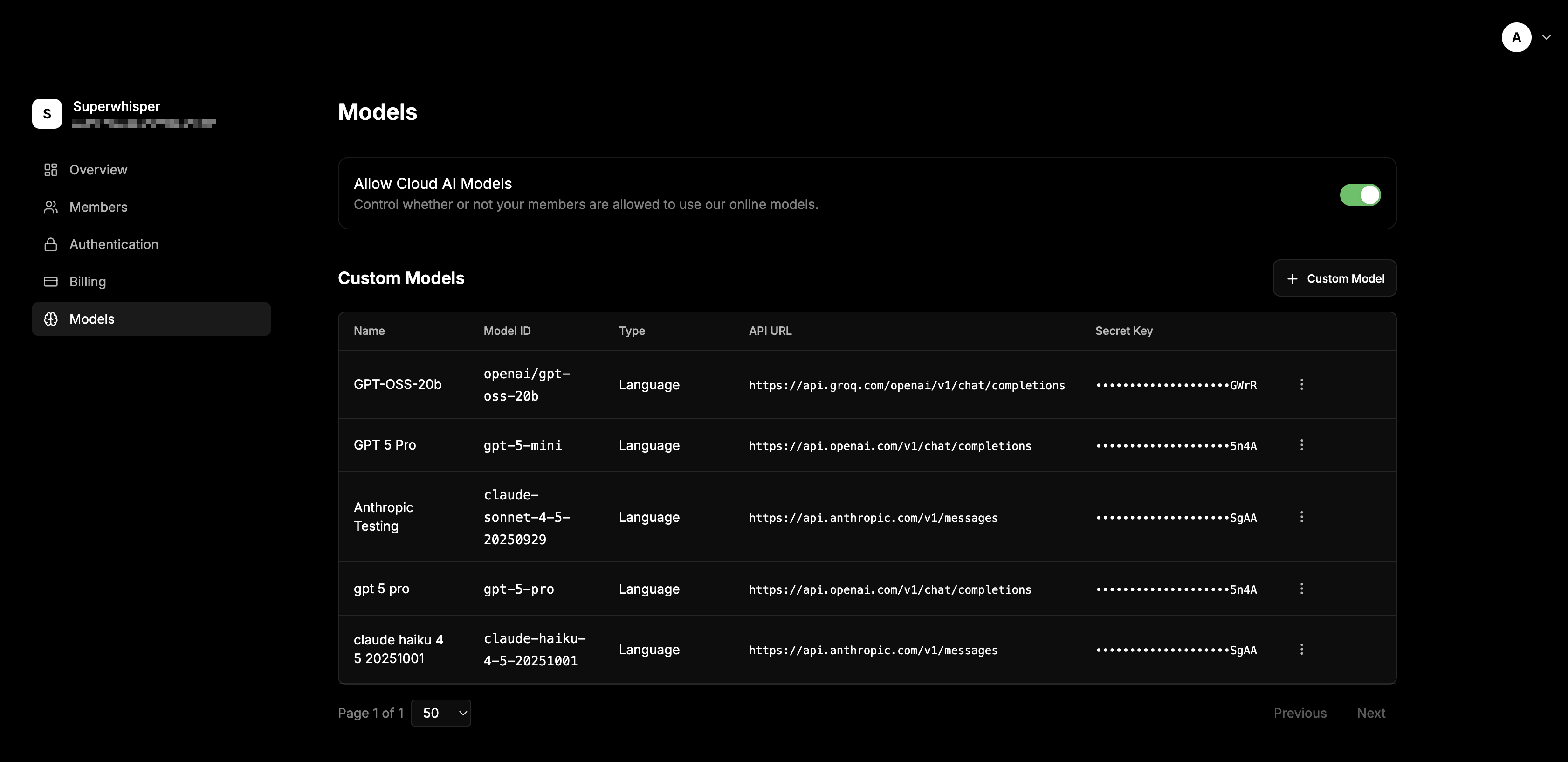 Model Management Interface