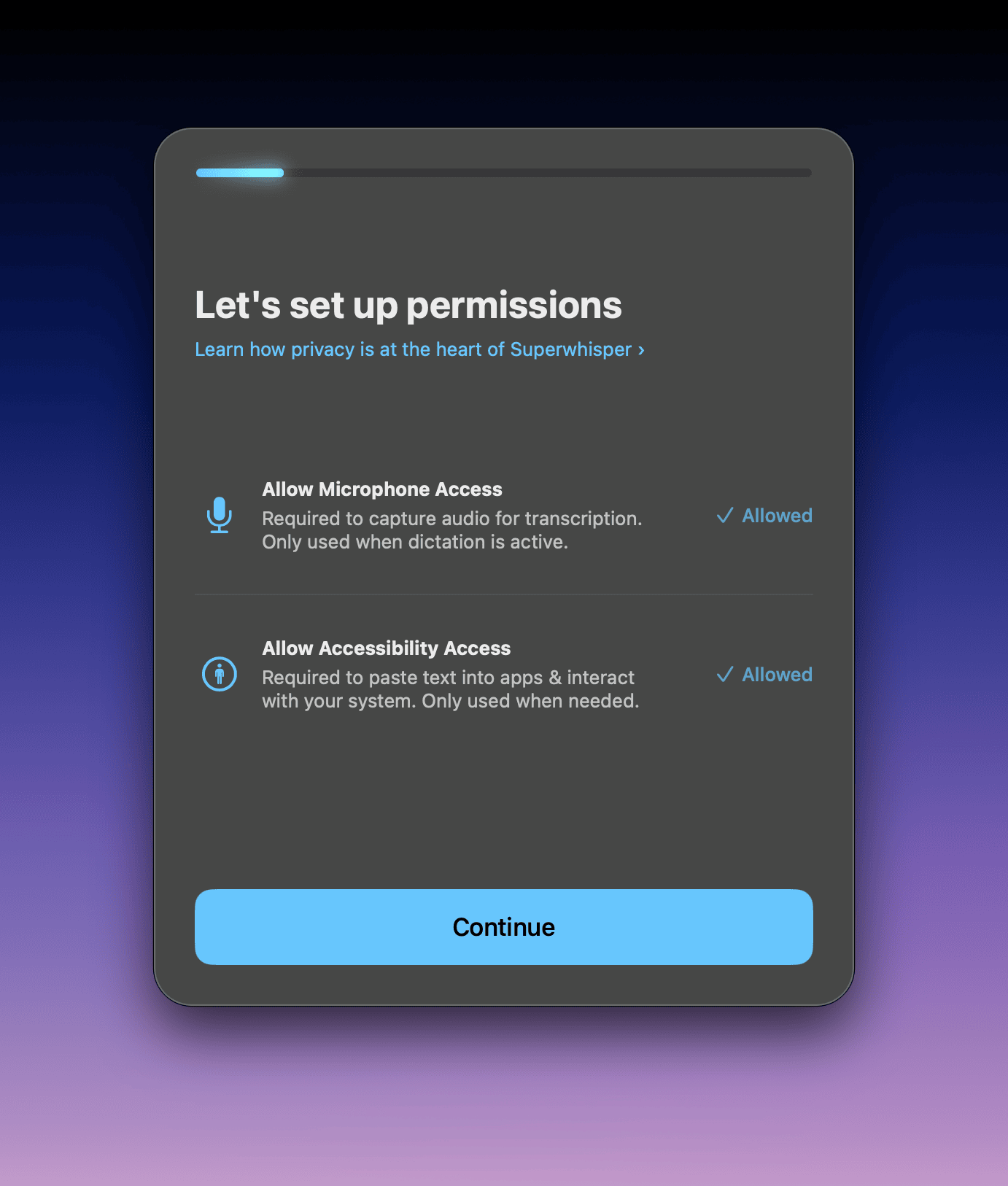 Superwhisper onboarding screen showing microphone and accessibility permissions granted