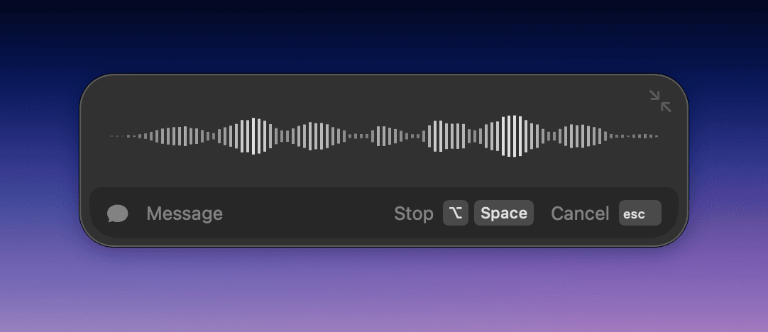 Superwhisper recording window showing an active waveform while dictating