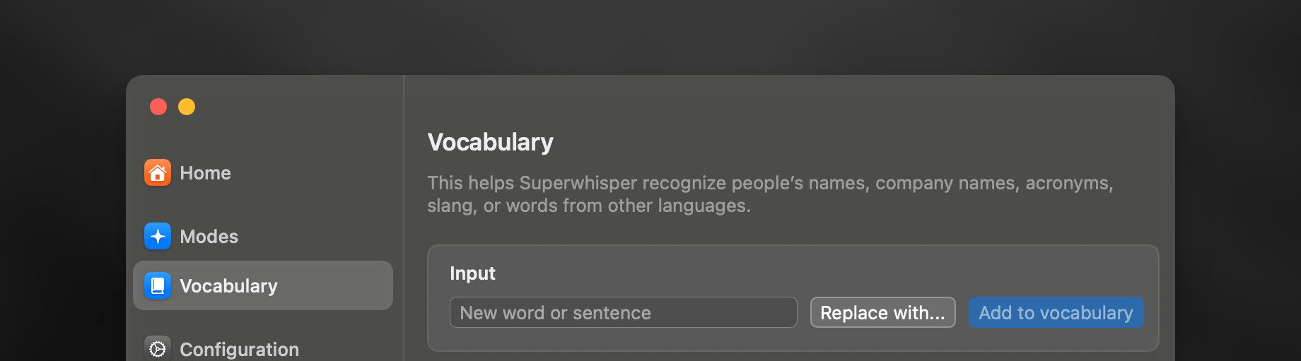 Superwhisper Vocabulary