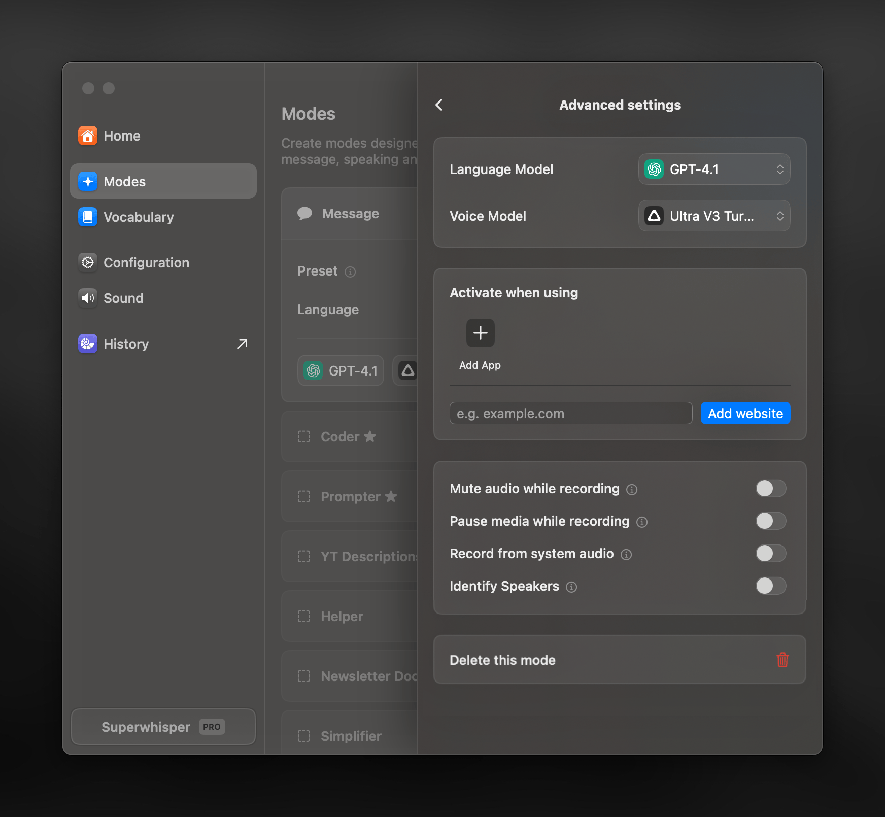 Superwhisper Mode Settings