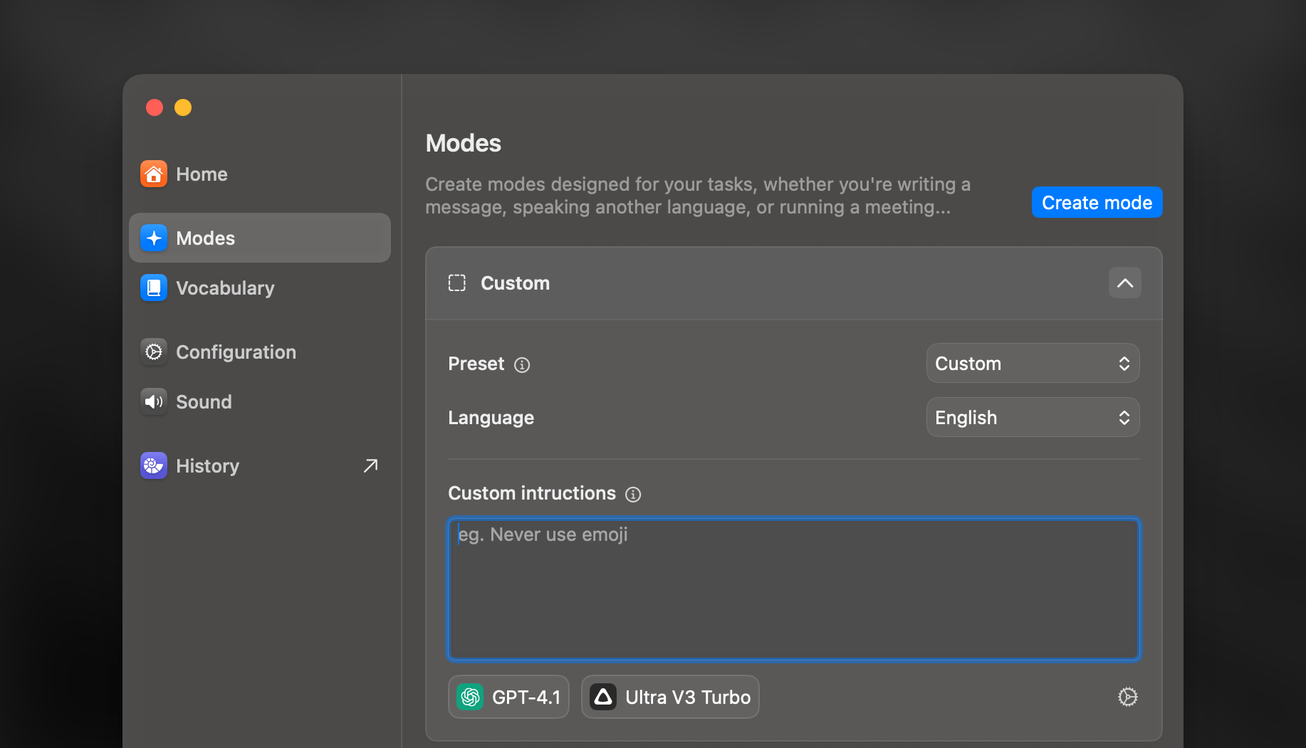 Superwhisper Custom Mode Configuration
